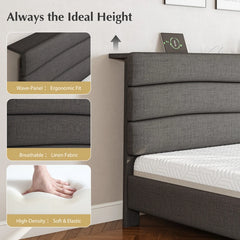 Snhomee Upholstered Bed Frame with Adjustable Headboard Shelf, USB Charging Station, Heavy Duty Wooden Slats Support, 880 lbs Capacity, Noise-Free, No Box Spring Needed, Modern Bed for Apartments