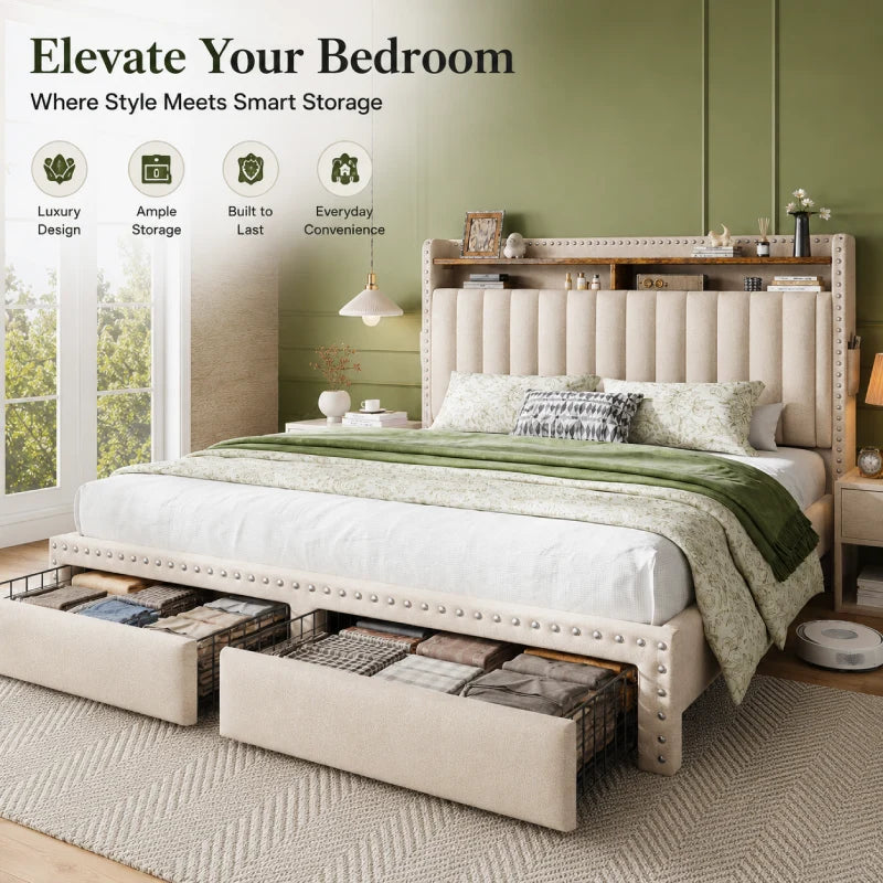 Snhomee Upholstered Bed Frame with Storage Headboard & 2 Drawers