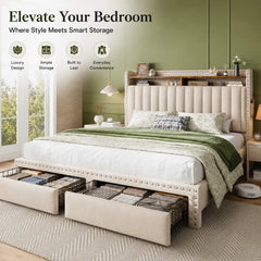 Snhomee Upholstered Bed Frame with Storage Headboard & 2 Drawers, No Box Spring Needed, Noise-Free Padded Platform Bed