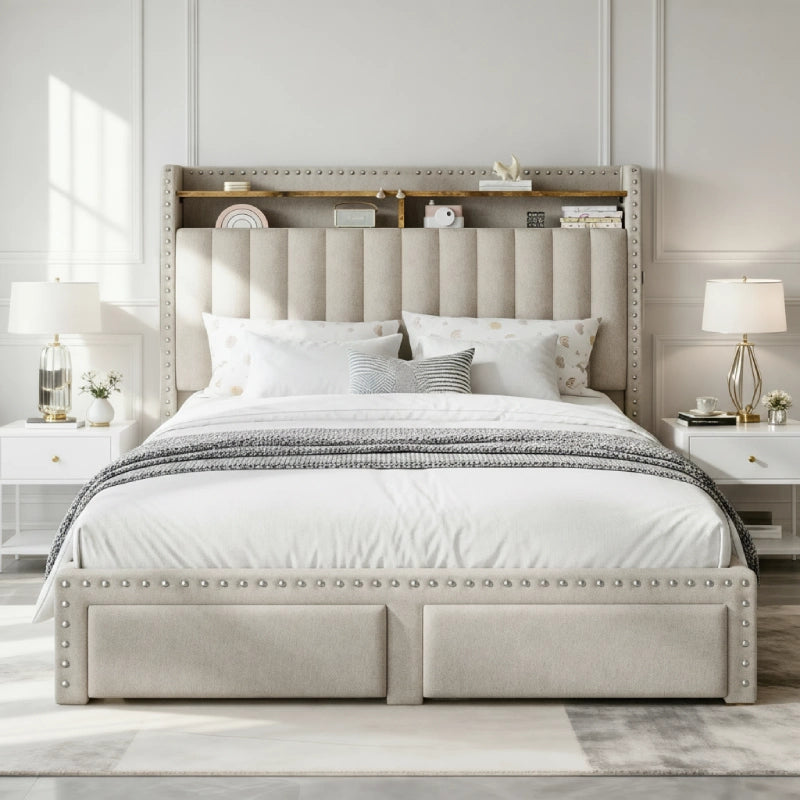 Snhomee Upholstered Bed Frame with Storage Headboard & 2 Drawers, No Box Spring Needed, Noise-Free Padded Platform Bed