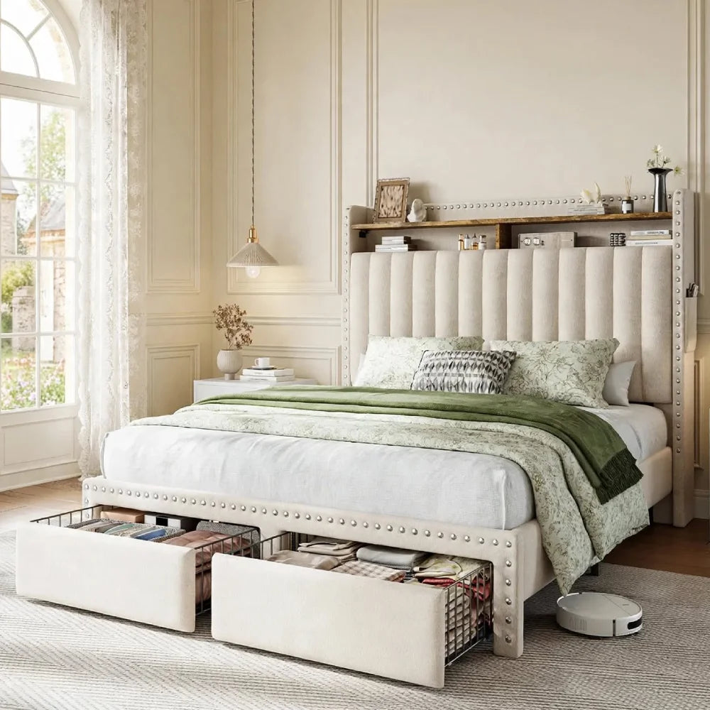 Snhomee Upholstered Bed Frame with 2 Drawers & Storage Headboard, No Box Spring Needed, Noise-Free Padded Platform Bed