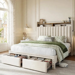 Snhomee Upholstered Bed Frame with 2 Drawers & Storage Headboard, No Box Spring Needed, Noise-Free Padded Platform Bed