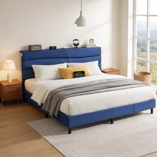 Snhomee Upholstered Bed Frames with Charging Stations Platform Bed & Adjustable Headboard,880 LBS Capacity, No Box Spring Needed, No Noise, Easy Assembly 1000
