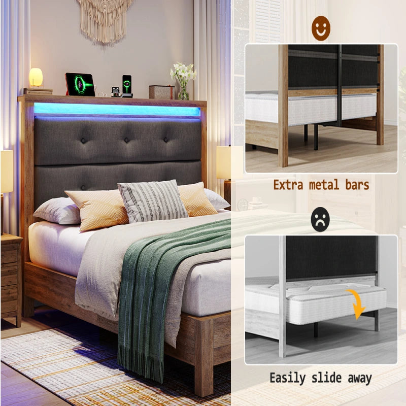 Snhomee LED Bed with Charging Station, Upholstered Storage Headboard and Solid Wooden Slats, Heavy Duty Platform Bed Frame, No Box Spring Required, Noise-Free & Easy Assembly