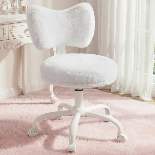 Snhomee White Bow Back Desk Chair, Fluffy Faux Rabbit Fur Seat, Adjustable Height, Swivel with Wheels&Lumbar Support,for Bedroom,Vanity,Study&Office 800