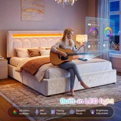 Snhomee LED Upholstered Bed Frame with 4 Storage Drawers, Adjustable Velvet Headboard, 1000 lbs Heavy-Duty Platform Bed with Wooden Slats, Noise-Free, Easy Assembly