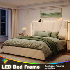 Snhomee Velvet Upholstered Bed Frame with Adjustable Storage Headboard, LED Lights & Charging Station, 881LBS Weight Capacity, Noise-Free Platform Bed for Bedroom & Apartment