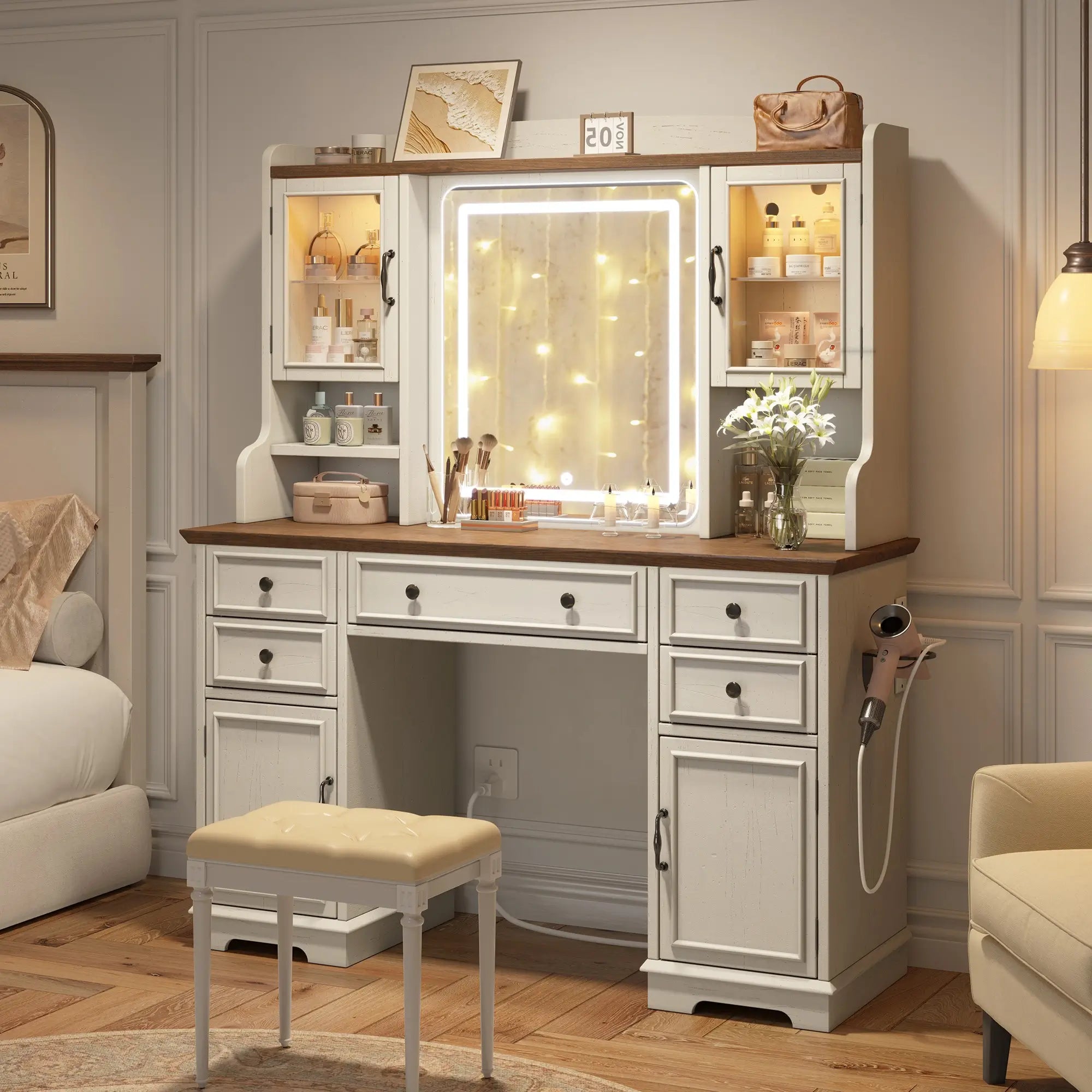 Snhomee Farmhouse Makeup Vanity Desk with LED Mirror & RGB Cabinets – Storaging with Drawers & Shelves, Ideal for Organizing Seasonal Skincare in Bedroom or Dressing Room