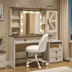 Snhomee 55.1” Farmhouse Vanity Desk with Sliding Mirror, LED Lights, 4 Drawers & RGB Cabinets for Bedroom, Dressing Room or Cloakroom