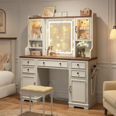 Snhomee Farmhouse Makeup Vanity Desk with LED Mirror & RGB Cabinets – Storaging with Drawers & Shelves, Ideal for Organizing Seasonal Skincare in Bedroom or Dressing Room