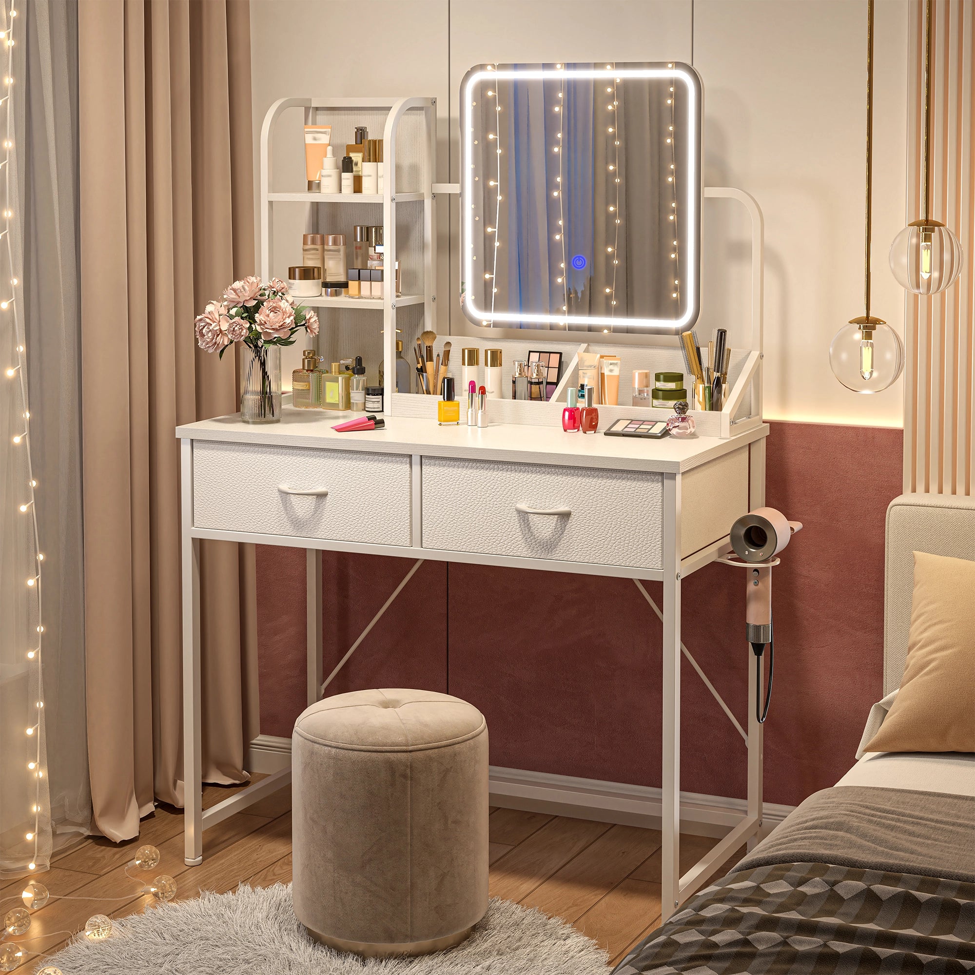 Snhomee Vanity Desk with Mirror, LED Lighting, Power Station & 2 Storage Drawers, Easy to assemble, for Bedroom, Apartment, Dormitory