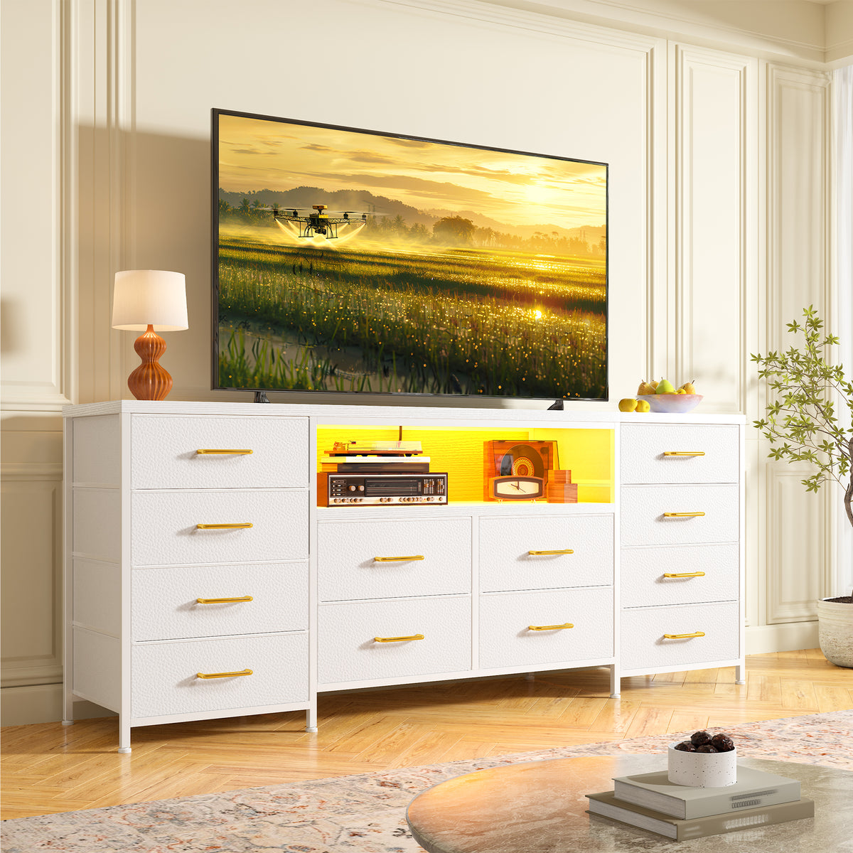 Snhomee TV Stand with 12 Drawers, LED Light Strip & Charging Station for 65–75" TVs – Tool-Free Assembly Media Console, Ideal for Living Room, Bedroom, Apartment, or Gaming Setup