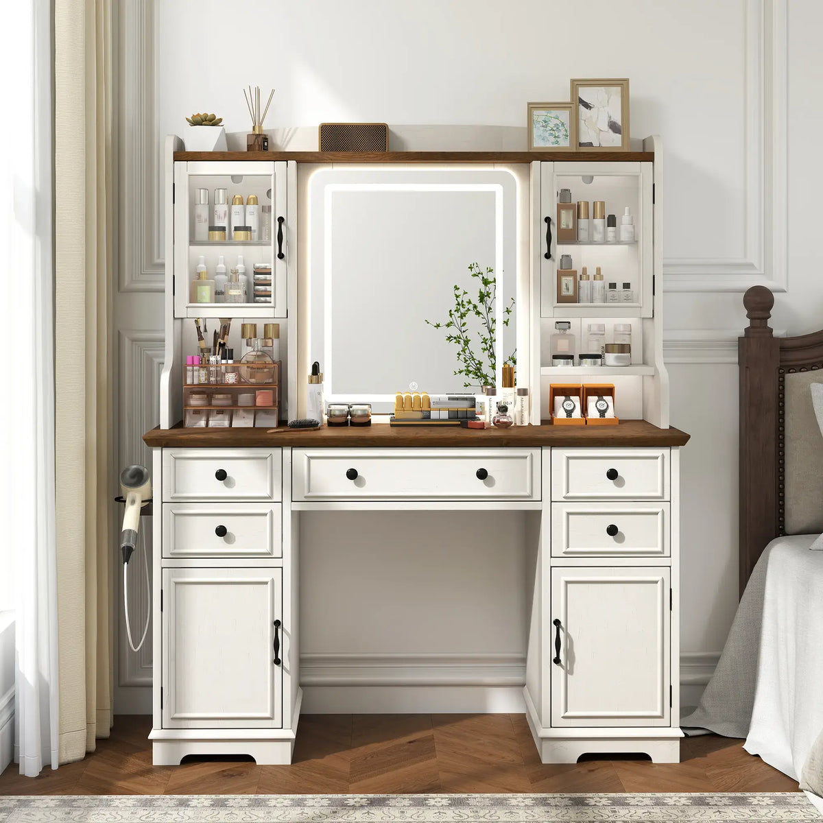Snhomee Farmhouse Makeup Vanity Desk with LED Mirror & RGB Cabinets – Storaging with Drawers & Shelves, Ideal for Organizing Seasonal Skincare in Bedroom or Dressing Room