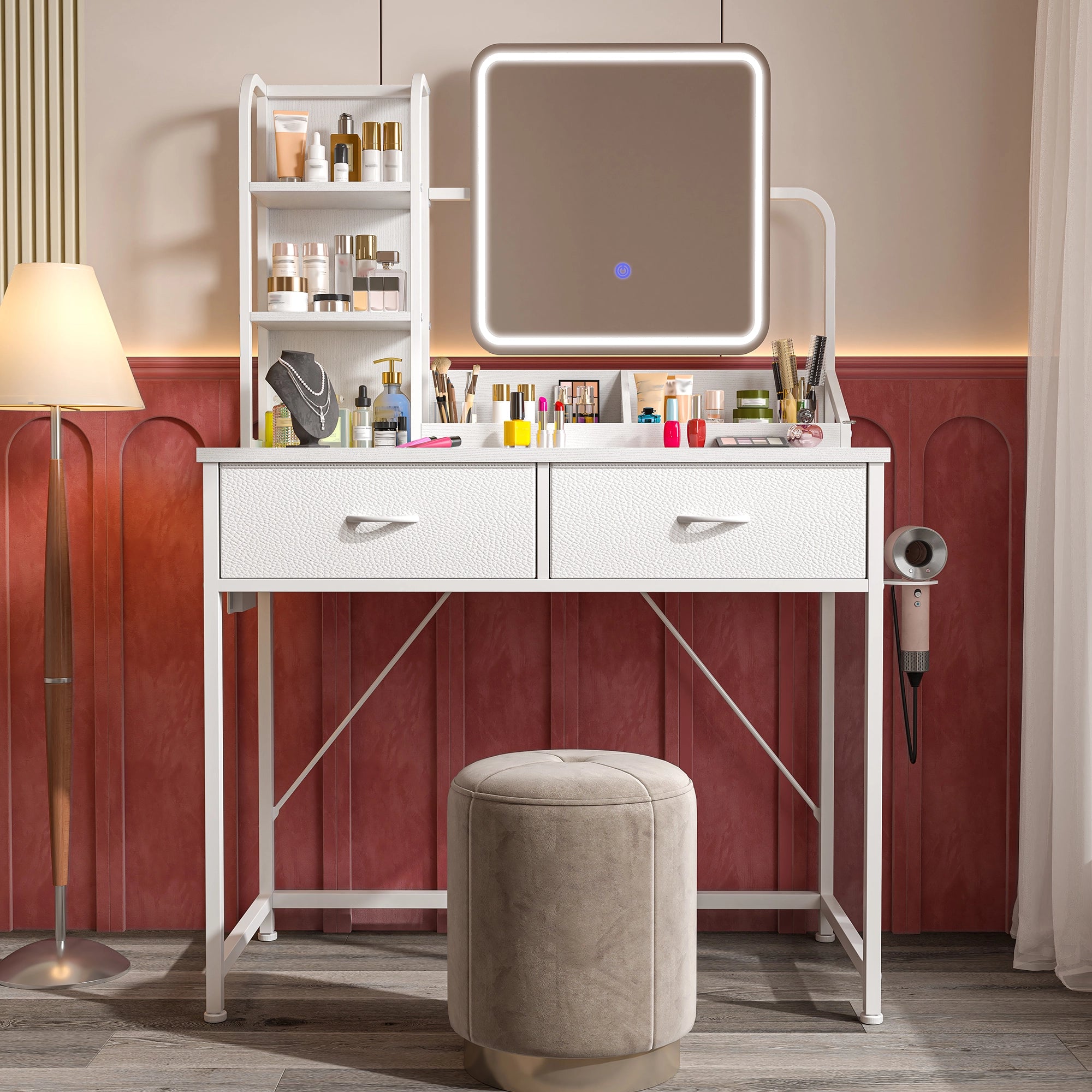 Snhomee Vanity Desk with Mirror, LED Lighting, Power Station & 2 Storage Drawers, Easy to assemble, for Bedroom, Apartment, Dormitory