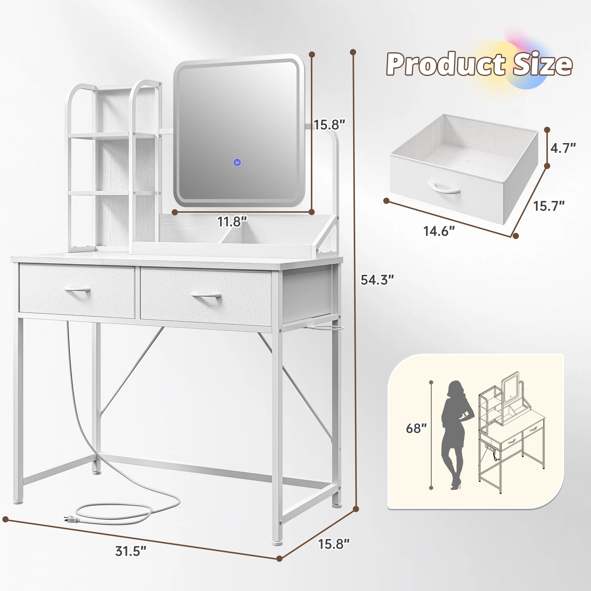 Snhomee Vanity Desk with Mirror, LED Lighting, Power Station & 2 Storage Drawers, Easy to assemble, for Bedroom, Apartment, Dormitory