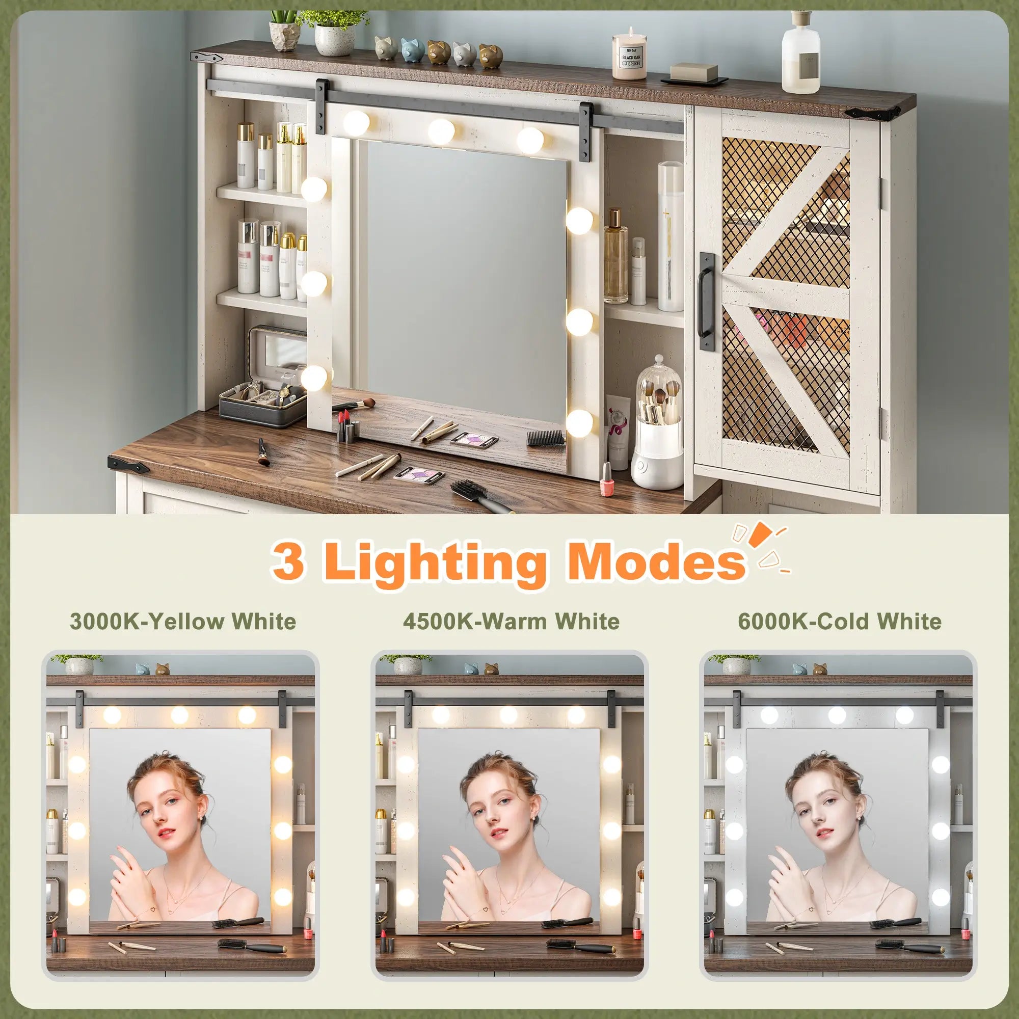 Snhomee 55.1” Farmhouse Vanity Desk with Sliding Mirror, LED Lights, 4 Drawers & RGB Cabinets for Bedroom, Dressing Room or Cloakroom