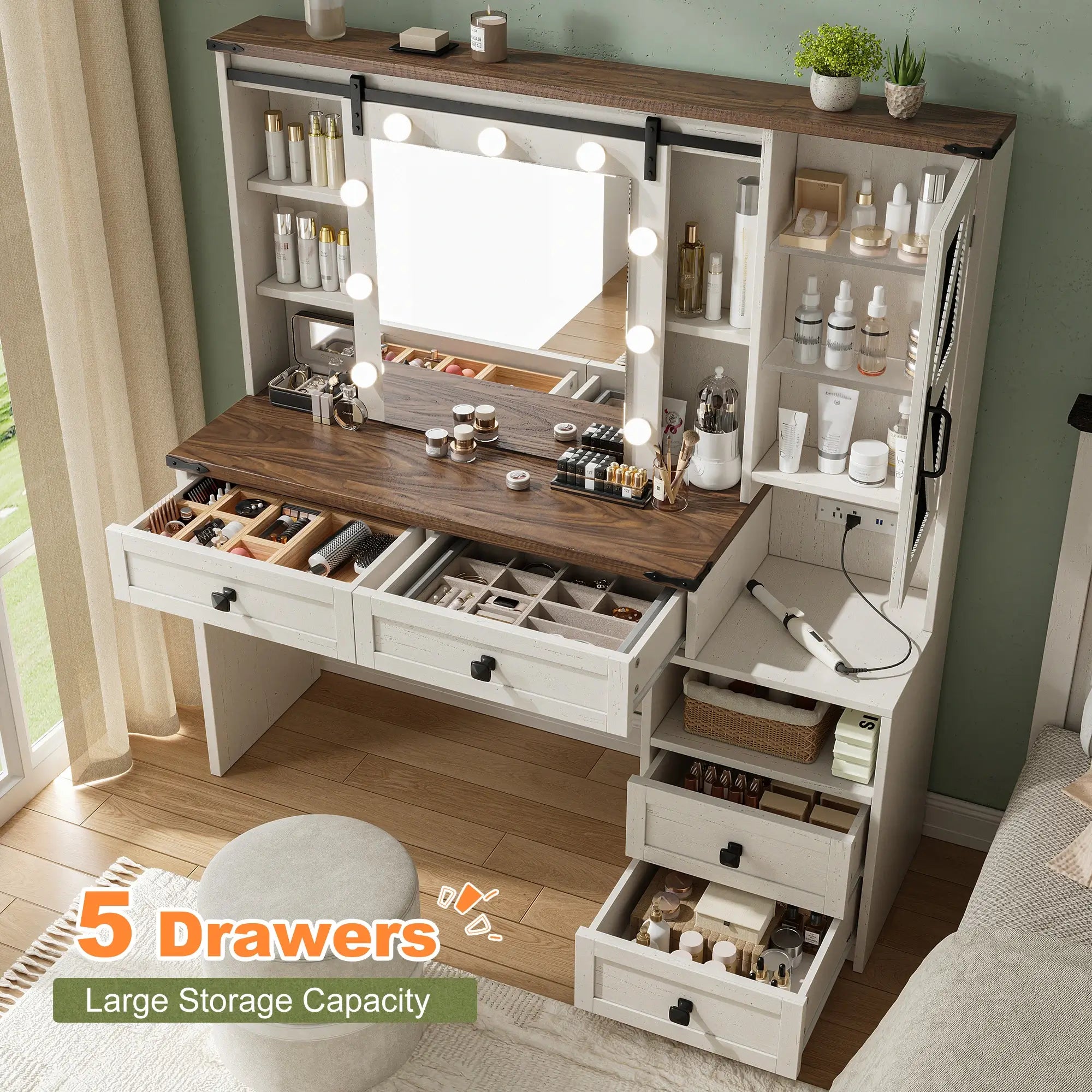 Snhomee 55.1” Farmhouse Vanity Desk with Sliding Mirror, LED Lights, 4 Drawers & RGB Cabinets for Bedroom, Dressing Room or Cloakroom
