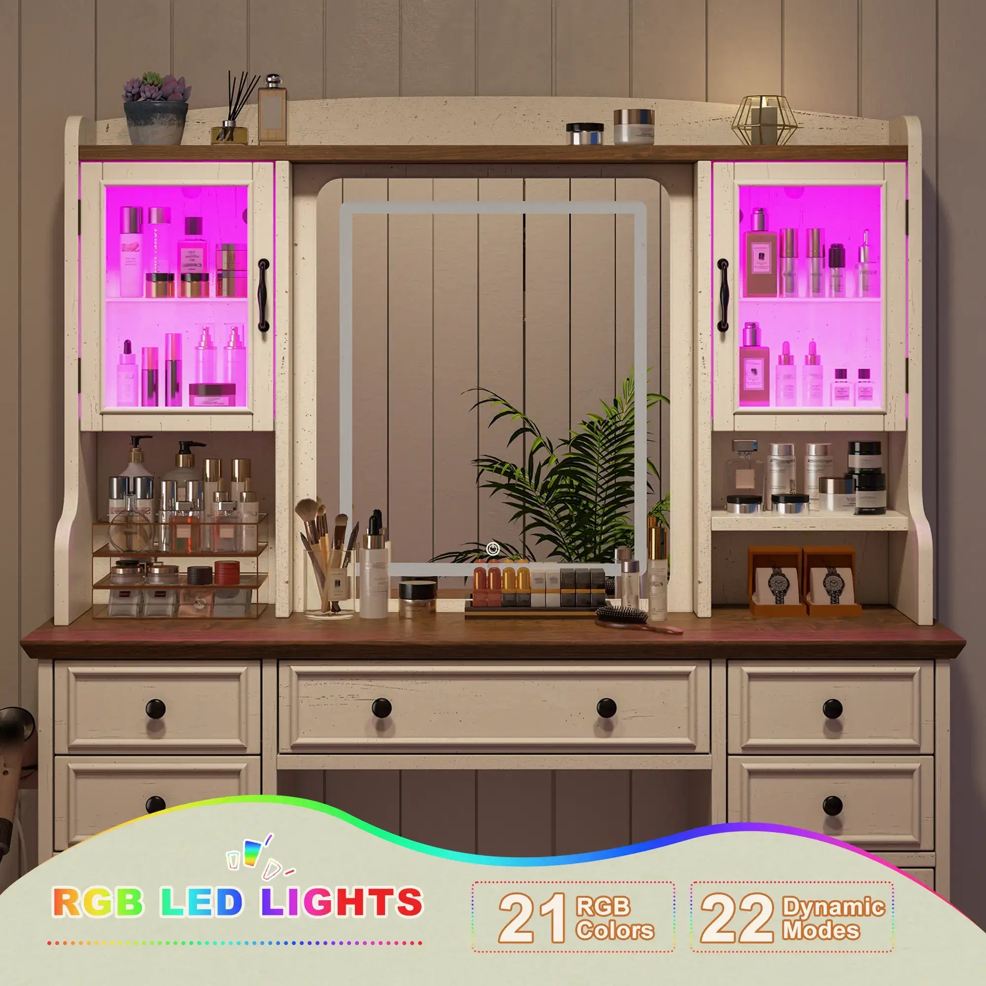 Snhomee Farmhouse Makeup Vanity Desk with LED Mirror & RGB Cabinets – Storaging with Drawers & Shelves, Ideal for Organizing Seasonal Skincare in Bedroom or Dressing Room