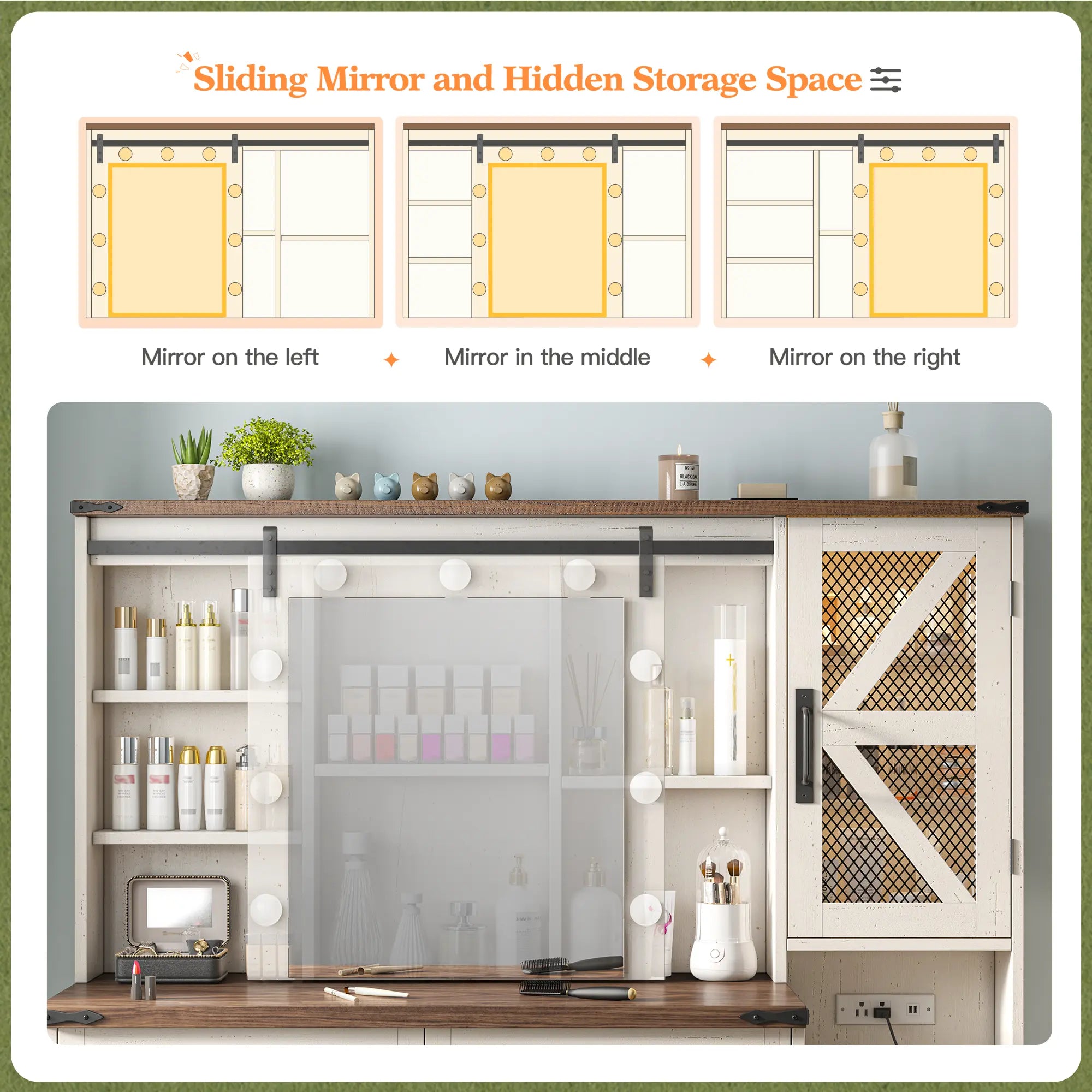 Snhomee 55.1” Farmhouse Vanity Desk with Sliding Mirror, LED Lights, 4 Drawers & RGB Cabinets for Bedroom, Dressing Room or Cloakroom