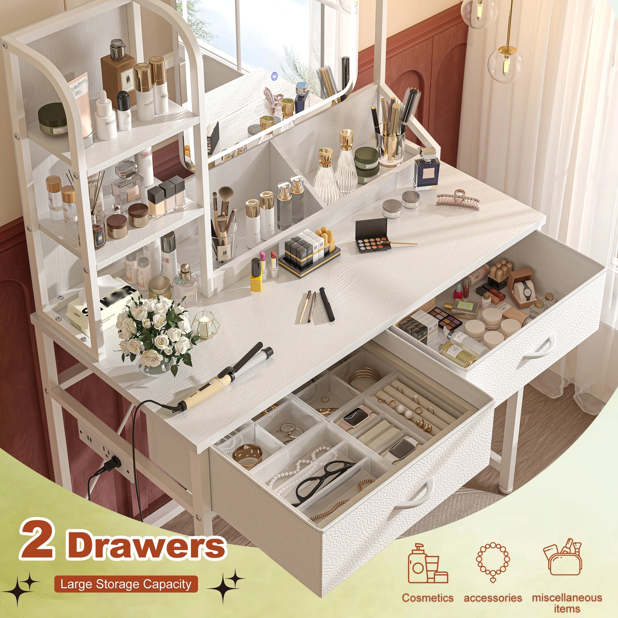 Snhomee Vanity Desk with Mirror, LED Lighting, Power Station & 2 Storage Drawers, Easy to assemble, for Bedroom, Apartment, Dormitory