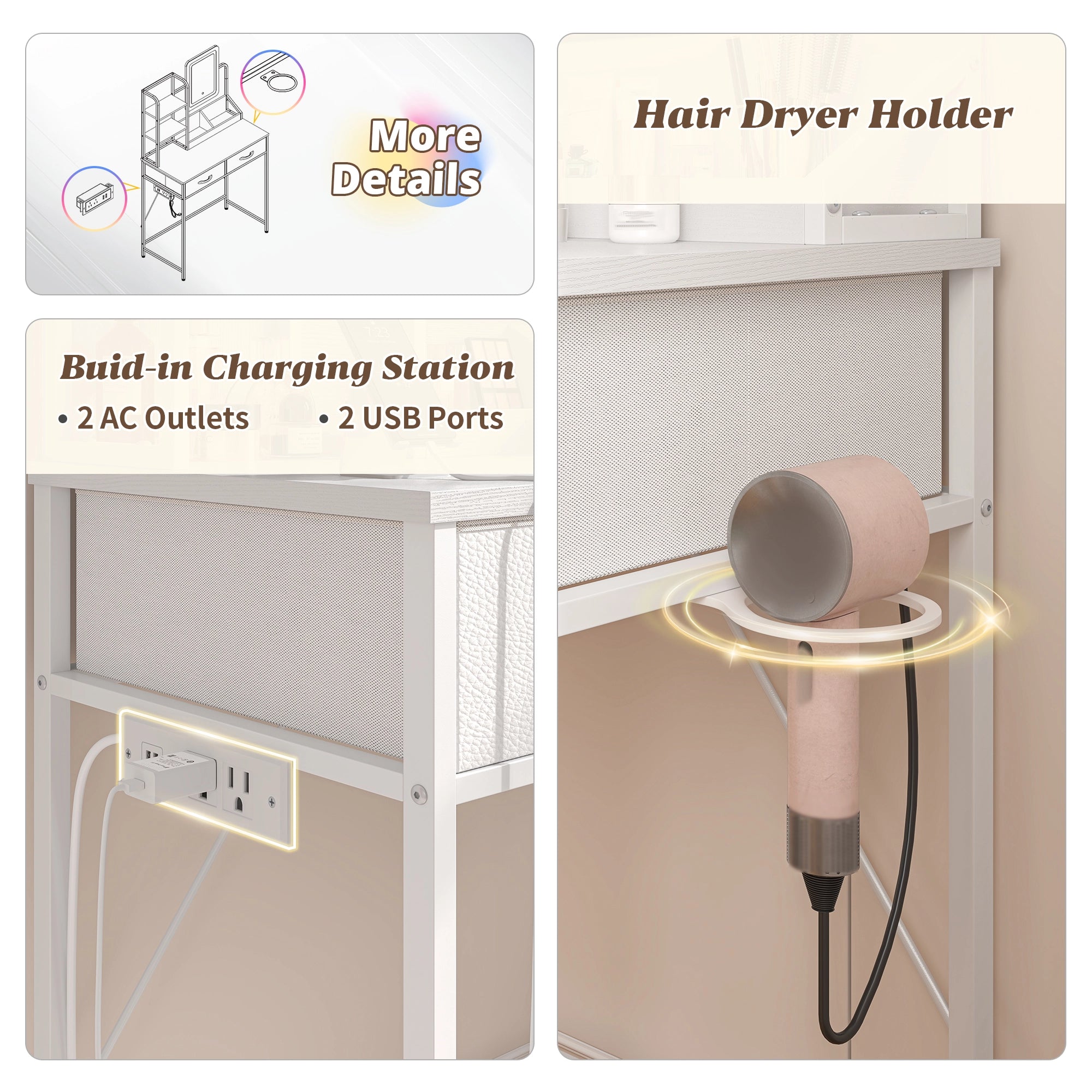 Snhomee Vanity Desk with Mirror, LED Lighting, Power Station & 2 Storage Drawers, Easy to assemble, for Bedroom, Apartment, Dormitory