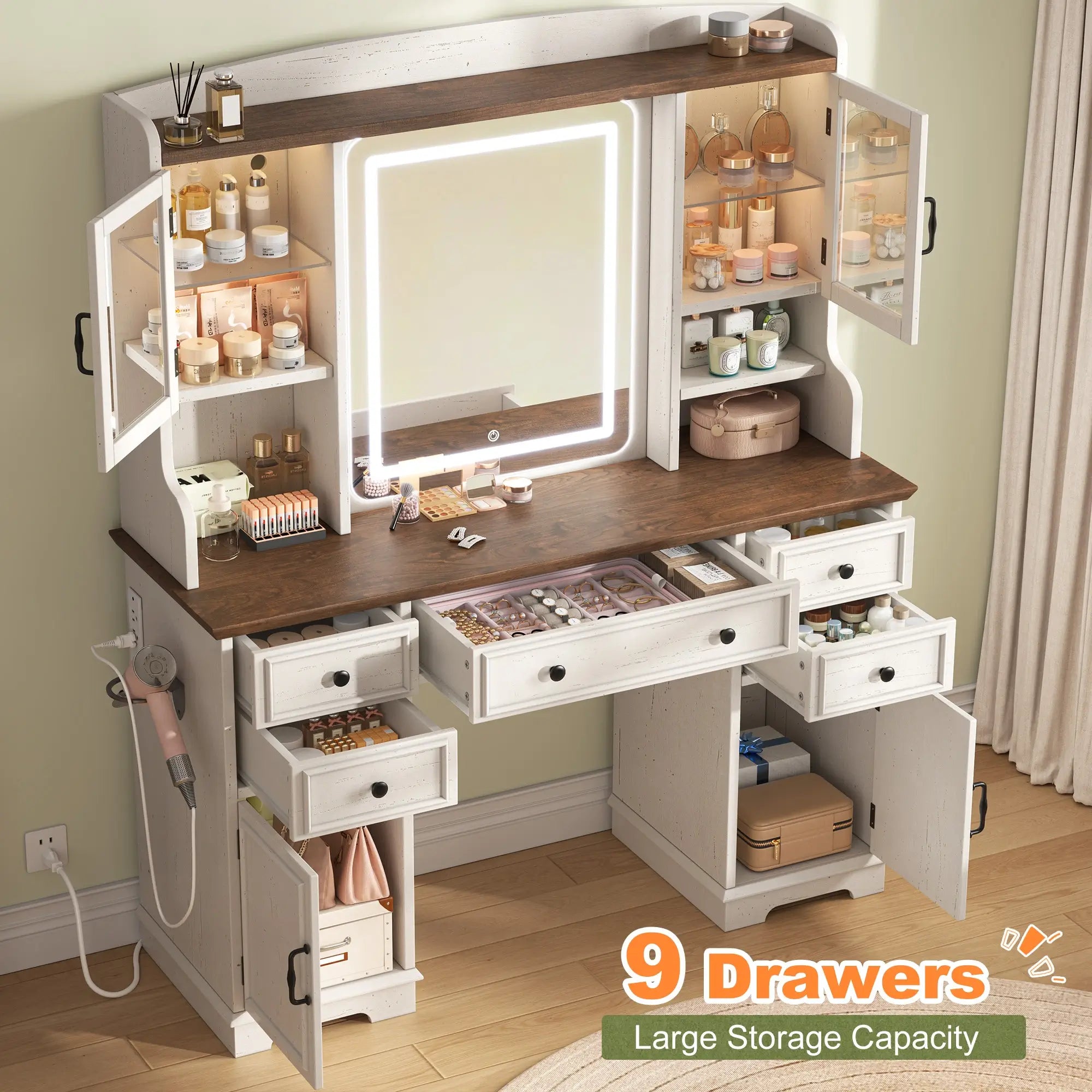 Snhomee Farmhouse Makeup Vanity Desk with LED Mirror & RGB Cabinets – Storaging with Drawers & Shelves, Ideal for Organizing Seasonal Skincare in Bedroom or Dressing Room