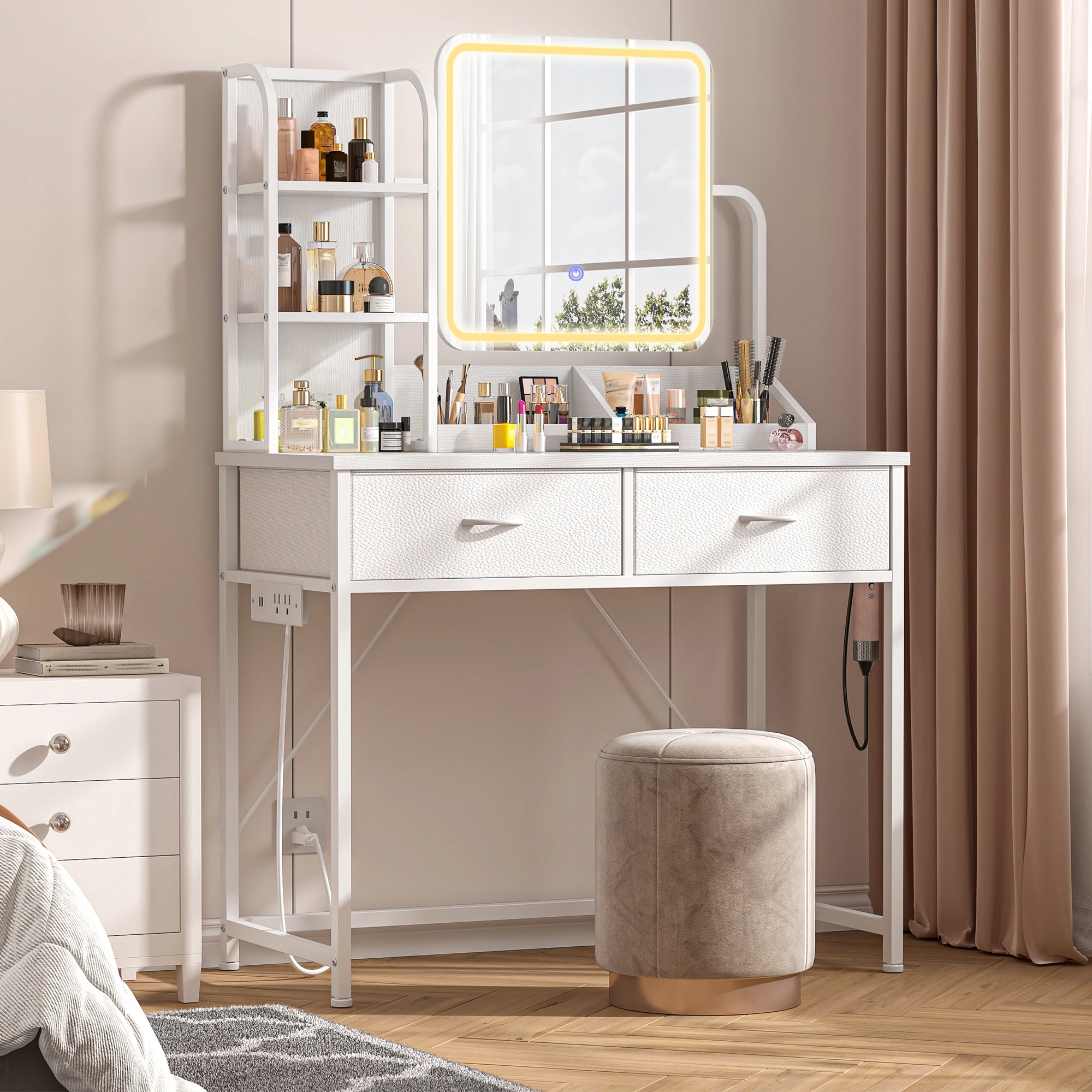 Snhomee Vanity Desk with Mirror, LED Lighting, Power Station & 2 Storage Drawers, Easy to assemble, for Bedroom, Apartment, Dormitory