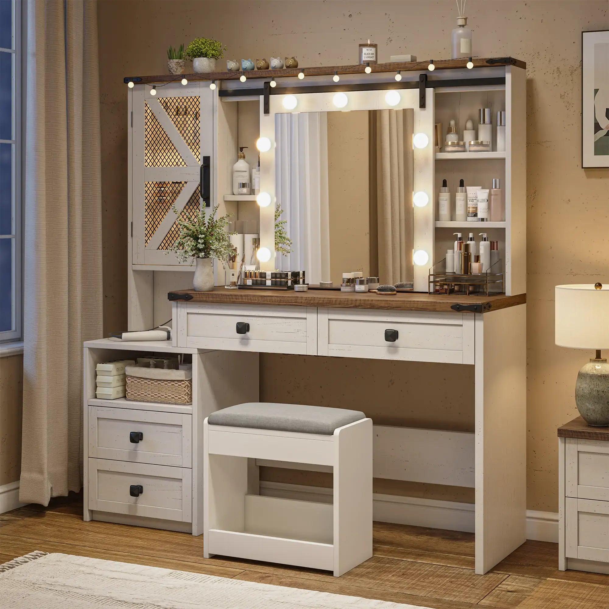 Snhomee 55.1” Farmhouse Vanity Desk with Sliding Mirror, LED Lights, 4 Drawers & RGB Cabinets for Bedroom, Dressing Room or Cloakroom