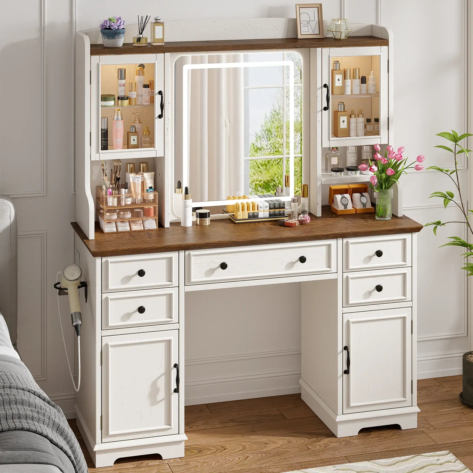 Snhomee Farmhouse Makeup Vanity Desk with LED Mirror & RGB Cabinets – Storaging with Drawers & Shelves, Ideal for Organizing Seasonal Skincare in Bedroom or Dressing Room