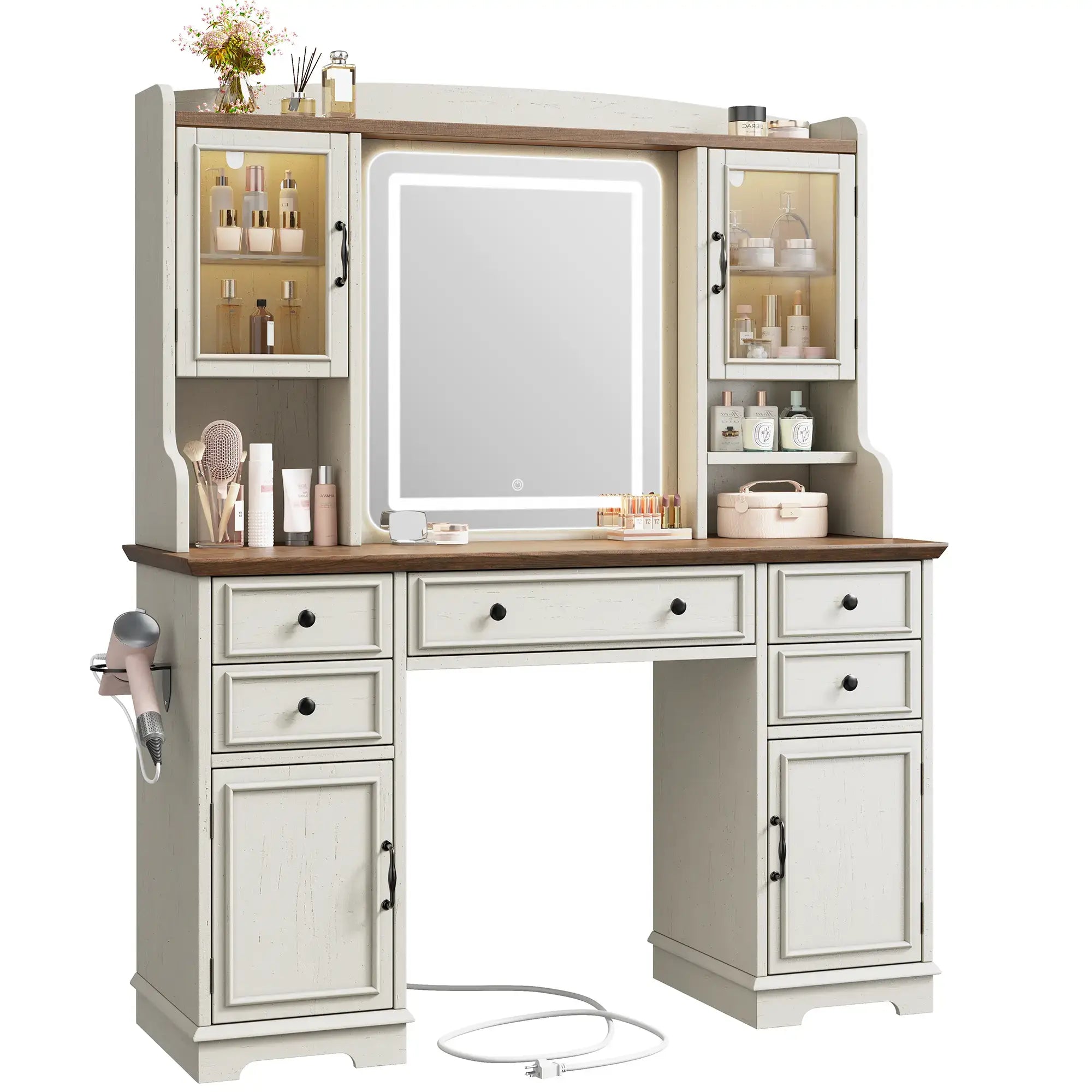 Snhomee Farmhouse Makeup Vanity Desk with LED Mirror & RGB Cabinets – Storaging with Drawers & Shelves, Ideal for Organizing Seasonal Skincare in Bedroom or Dressing Room