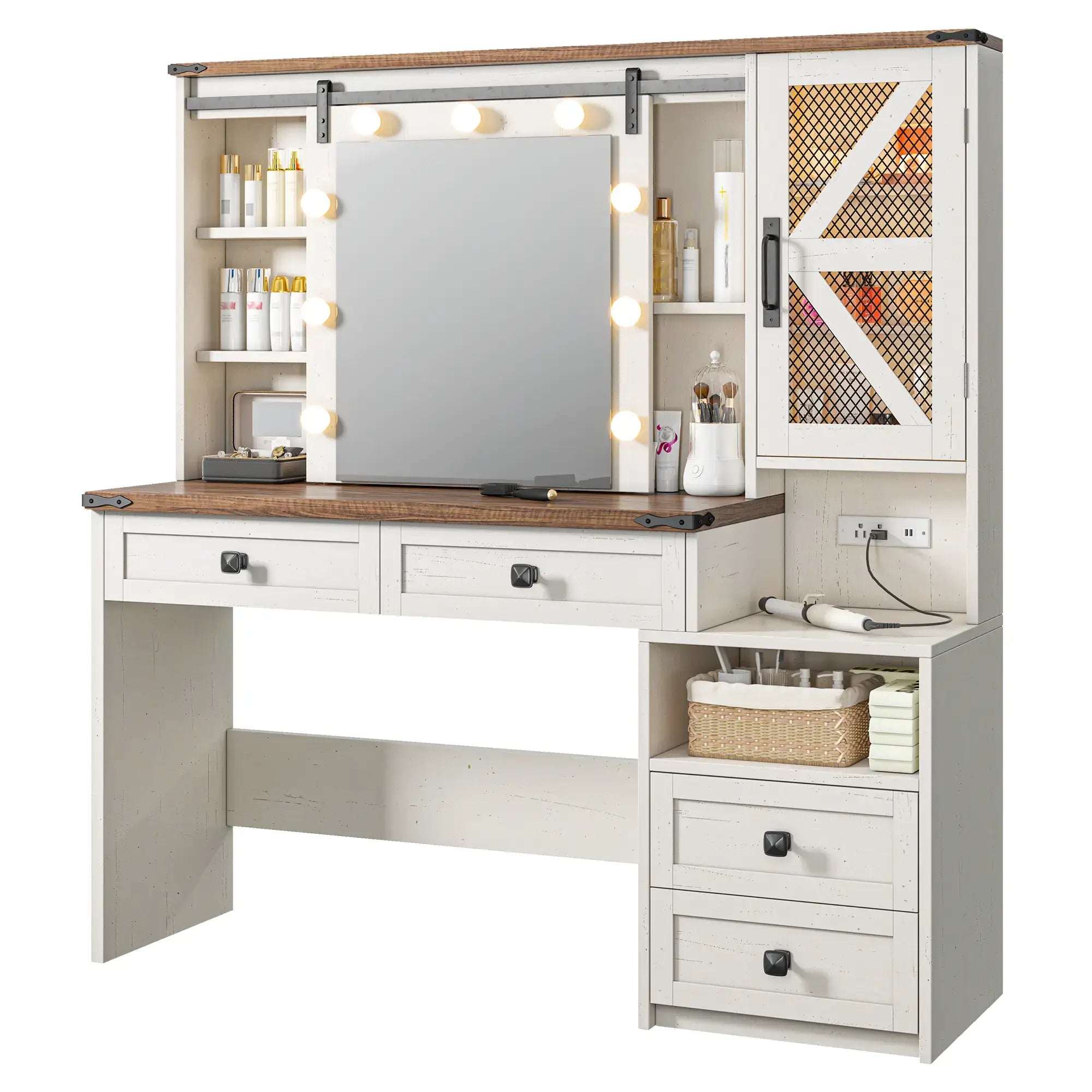 Snhomee 55.1” Farmhouse Vanity Desk with Sliding Mirror, LED Lights, 4 Drawers & RGB Cabinets for Bedroom, Dressing Room or Cloakroom