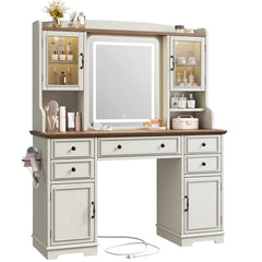 Snhomee Farmhouse Makeup Vanity Desk with LED Mirror & RGB Cabinets – Storaging with Drawers & Shelves, Ideal for Organizing Seasonal Skincare in Bedroom or Dressing Room