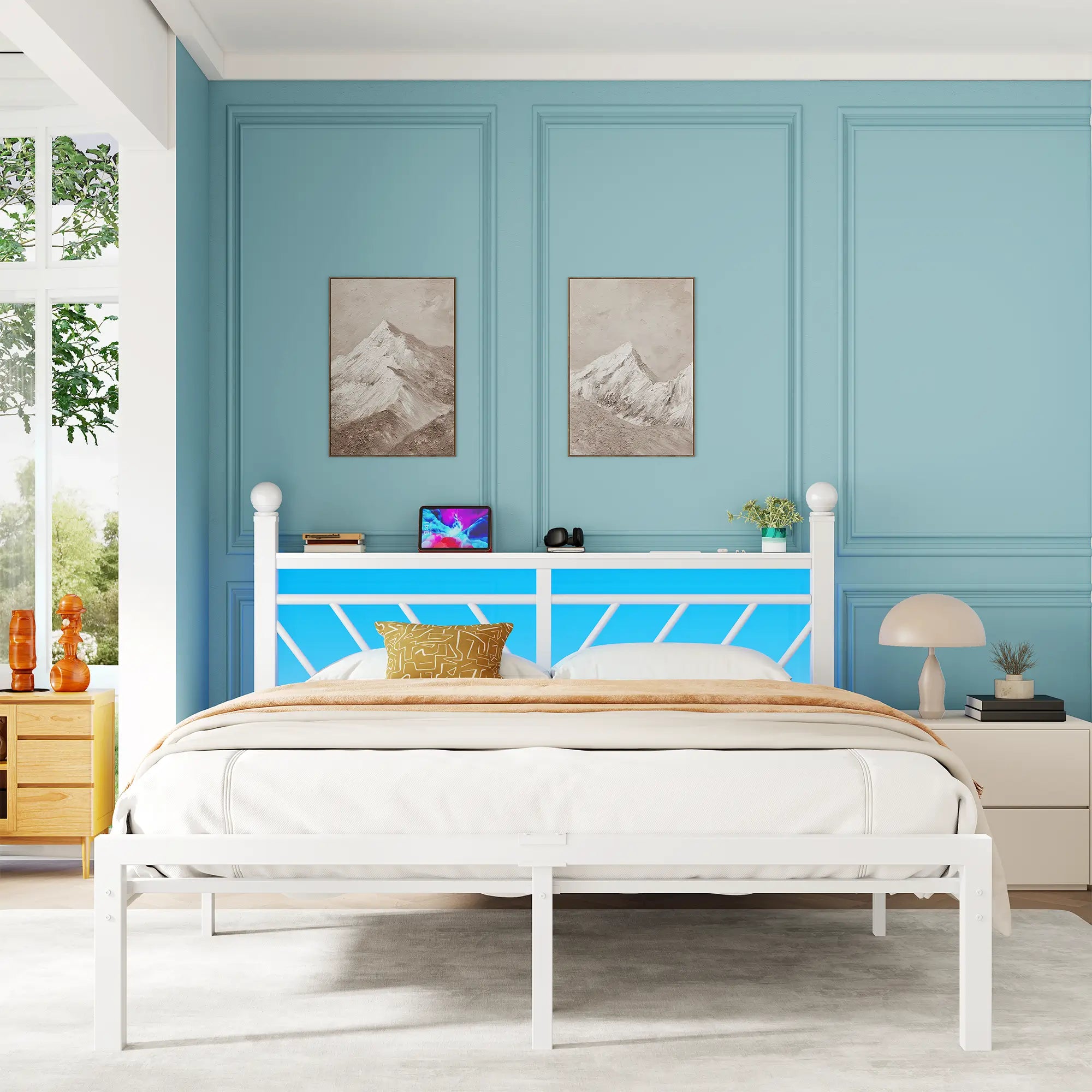 Snhomee Metal Bed Frame with LED Light Headboard & Outlet, Noise-Free Design, Under-Bed Storage for Bedroom