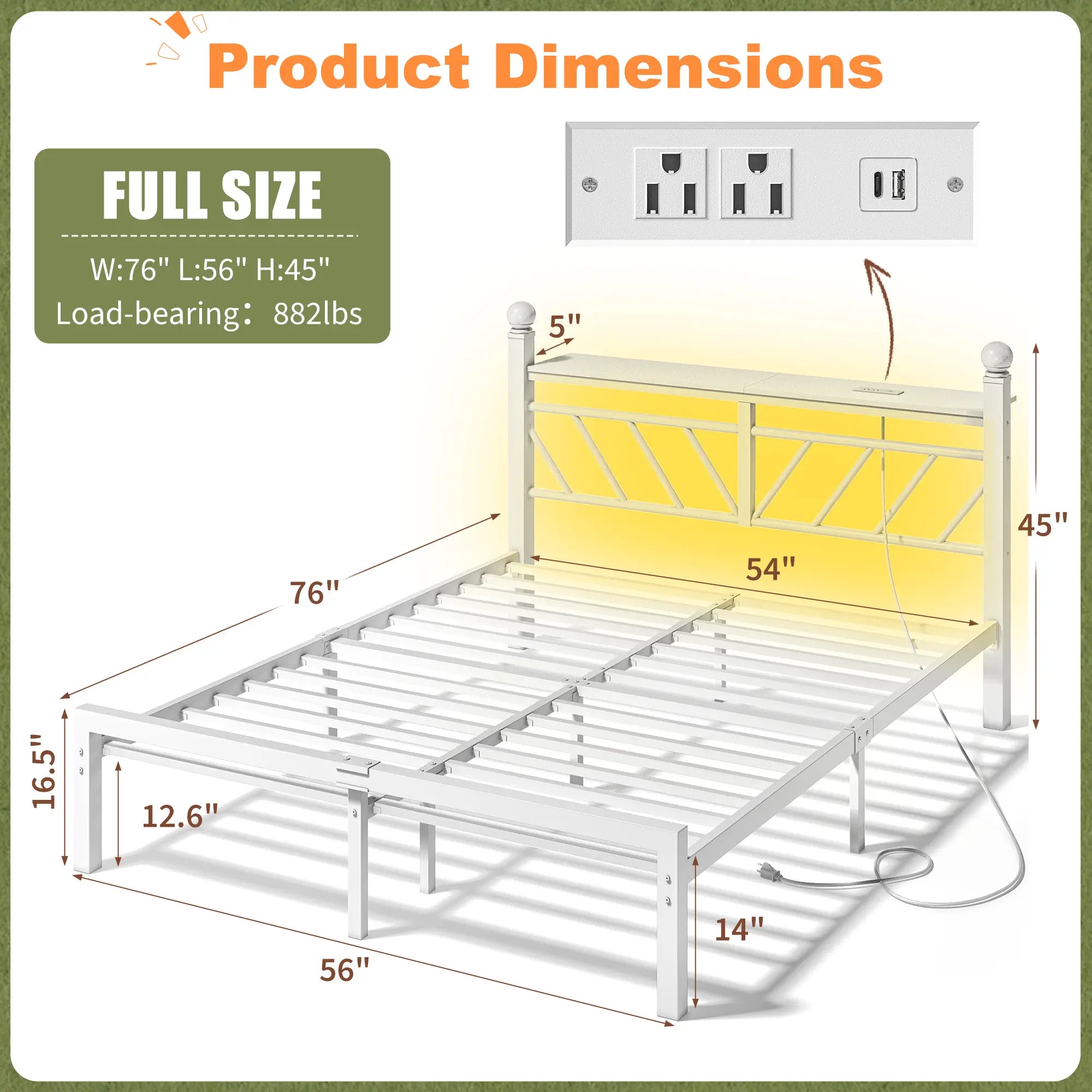 Snhomee Metal Bed Frame with LED Light Headboard & Outlet, Noise-Free Design, Under-Bed Storage for Bedroom