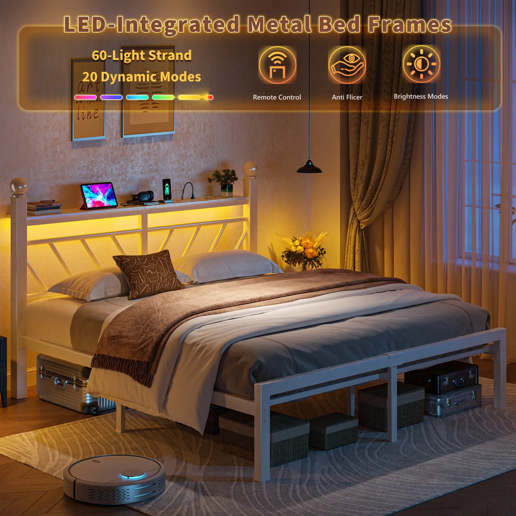 Snhomee Metal Bed Frame with LED Light Headboard & Outlet, Noise-Free Design, Under-Bed Storage for Bedroom