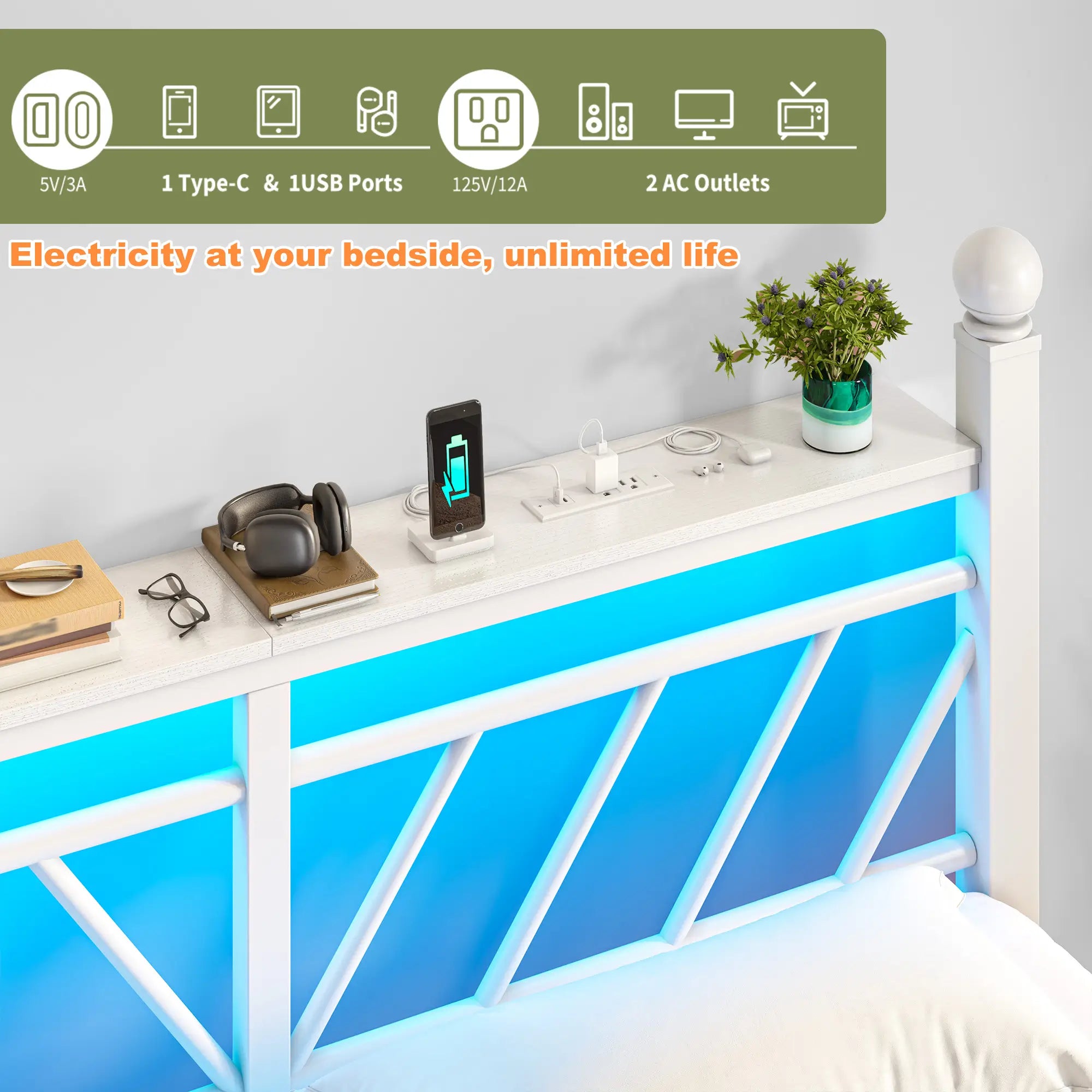 Snhomee Metal Bed Frame with LED Light Headboard & Outlet, Noise-Free Design, Under-Bed Storage for Bedroom