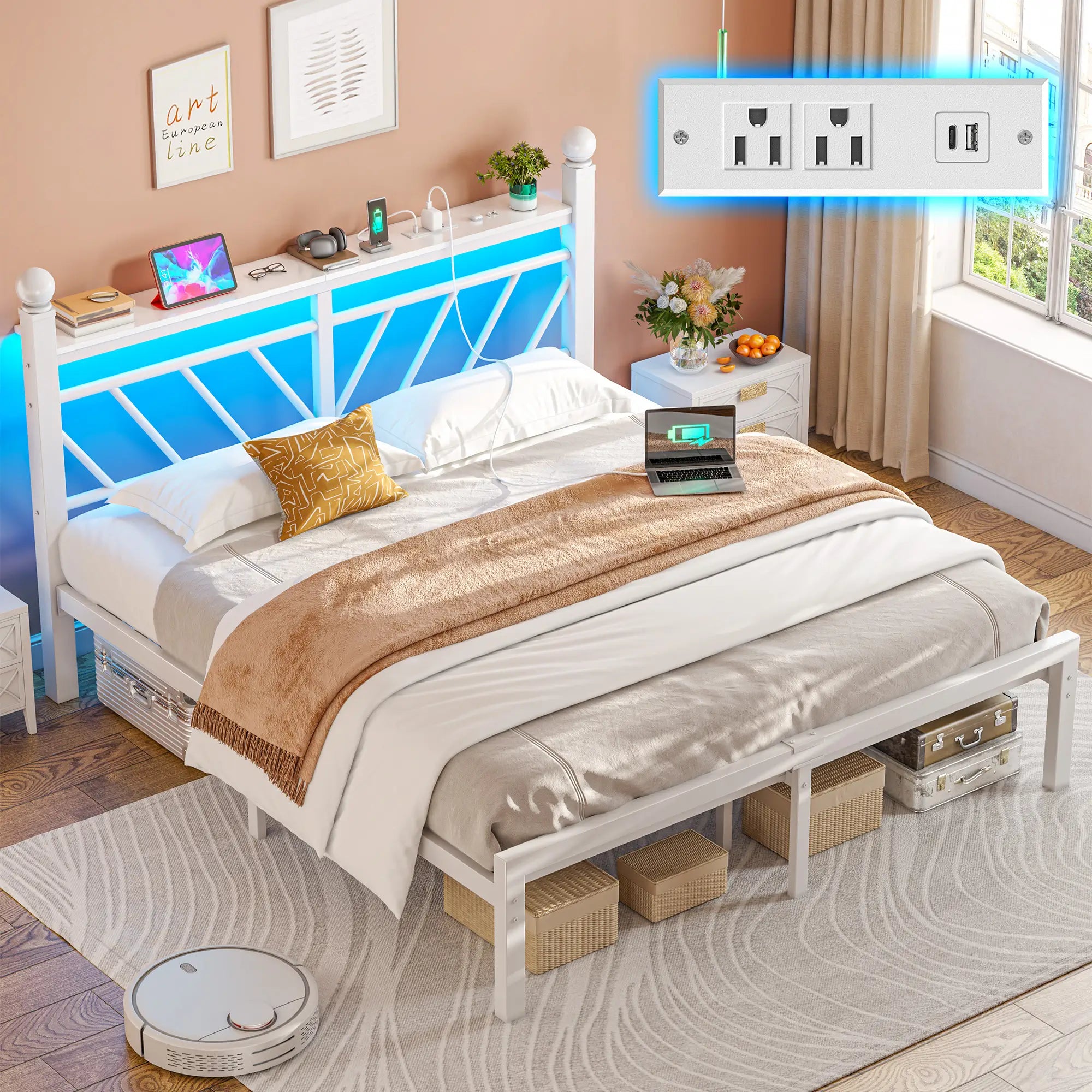 Snhomee Metal Bed Frame with LED Light Headboard & Outlet, Noise-Free Design, Under-Bed Storage for Bedroom
