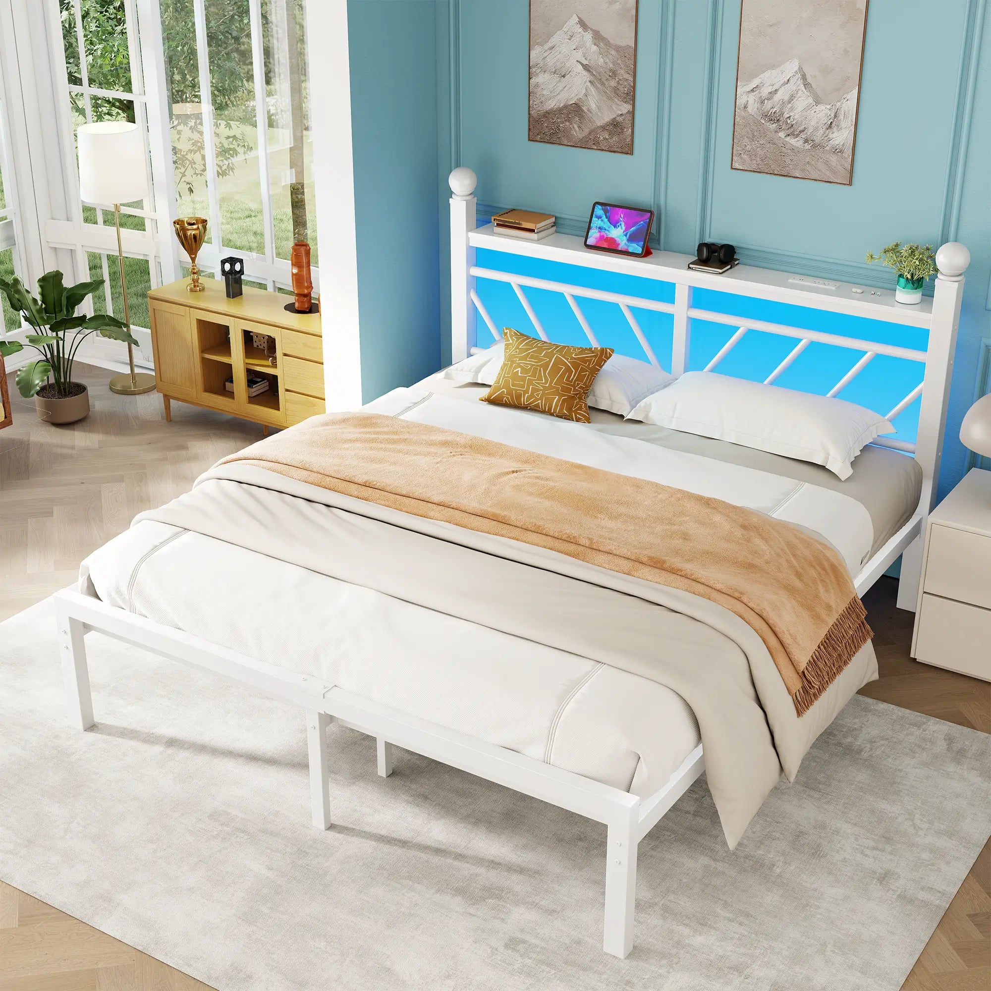 Snhomee Metal Bed Frame with LED Light Headboard & Outlet, Noise-Free Design, Under-Bed Storage for Bedroom