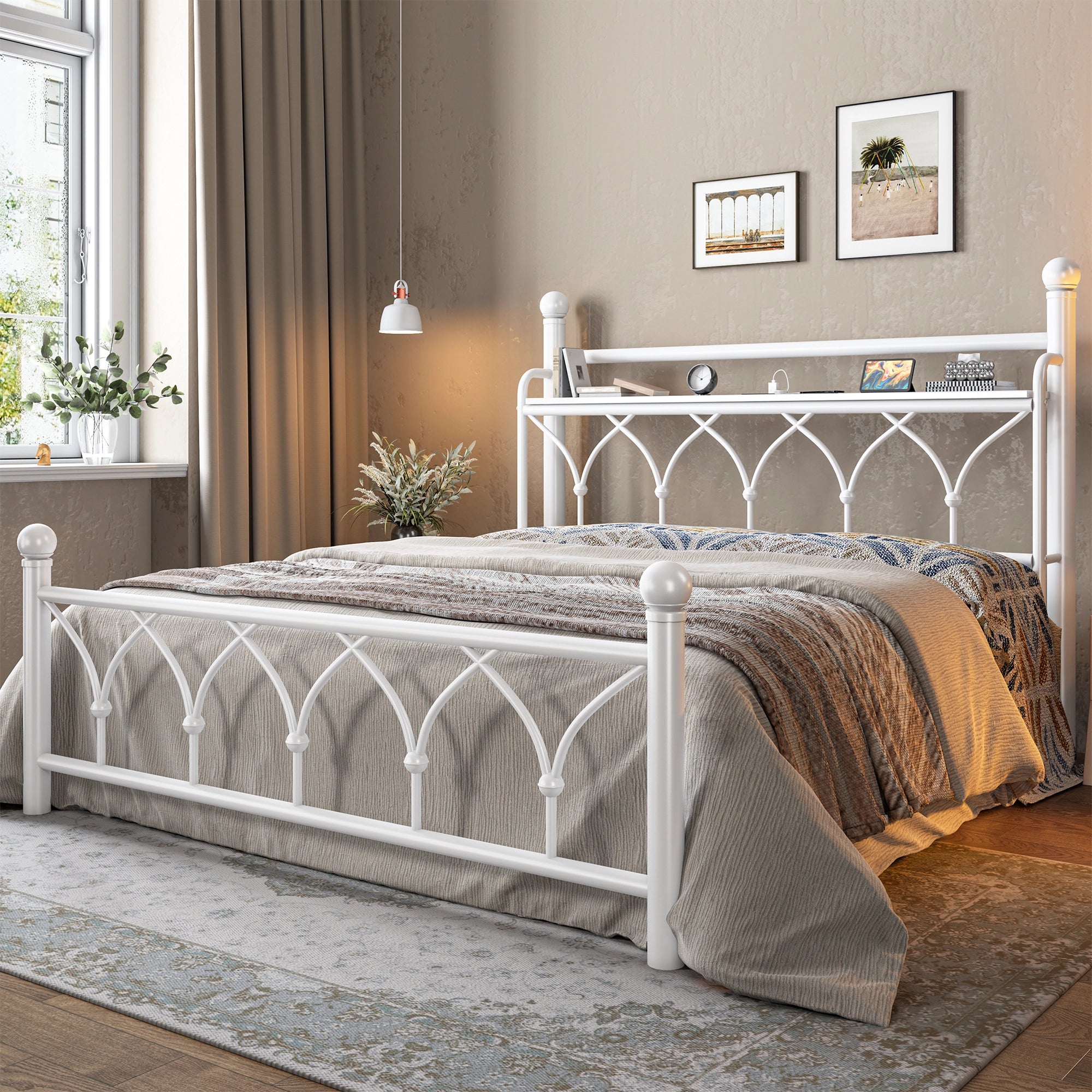 Functional Metal Bed Frame with LED Headboard & Charging Station – Storage Shelf, Noise-Free Design, 882lbs Capacity
