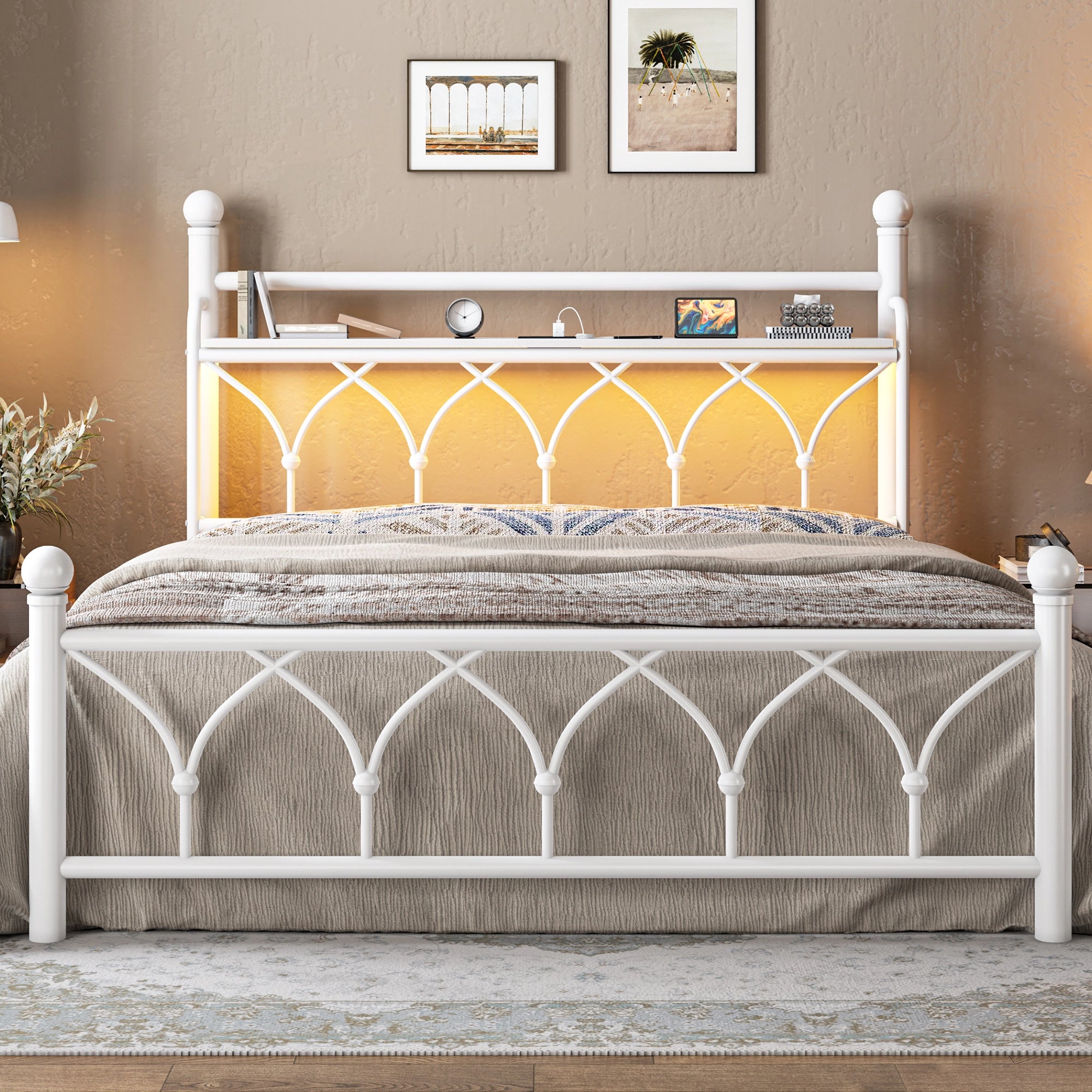 Functional Metal Bed Frame with LED Headboard & Charging Station – Storage Shelf, Noise-Free Design, 882lbs Capacity
