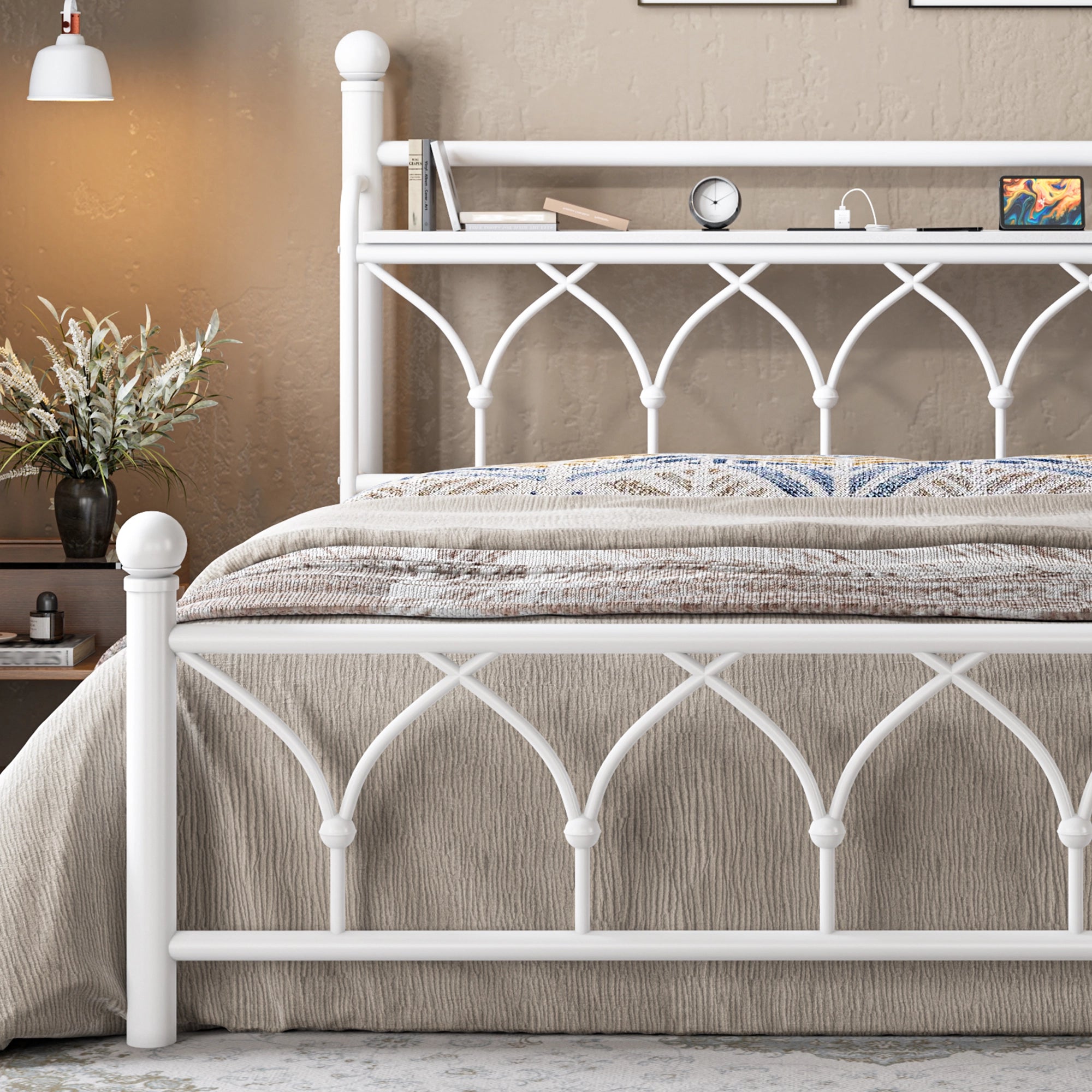 Functional Metal Bed Frame with LED Headboard & Charging Station – Storage Shelf, Noise-Free Design, 882lbs Capacity