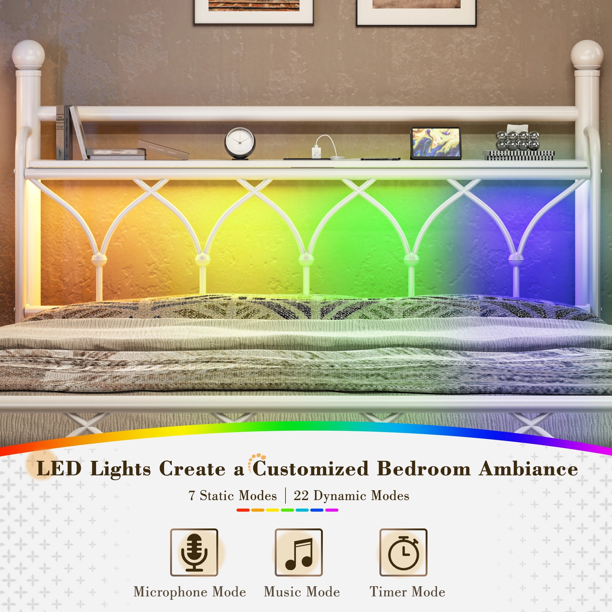 Functional Metal Bed Frame with LED Headboard & Charging Station – Storage Shelf, Noise-Free Design, 882lbs Capacity