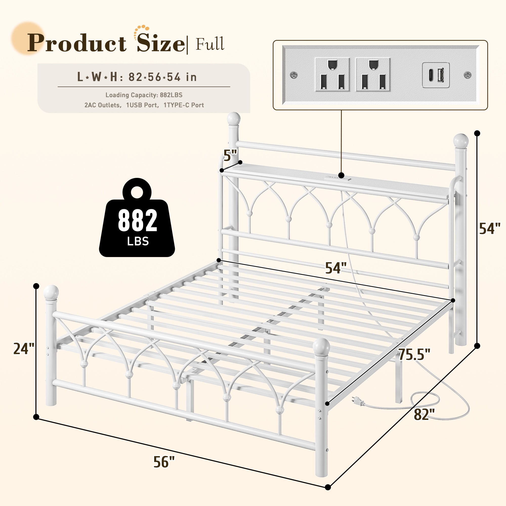Functional Metal Bed Frame with LED Headboard & Charging Station – Storage Shelf, Noise-Free Design, 882lbs Capacity