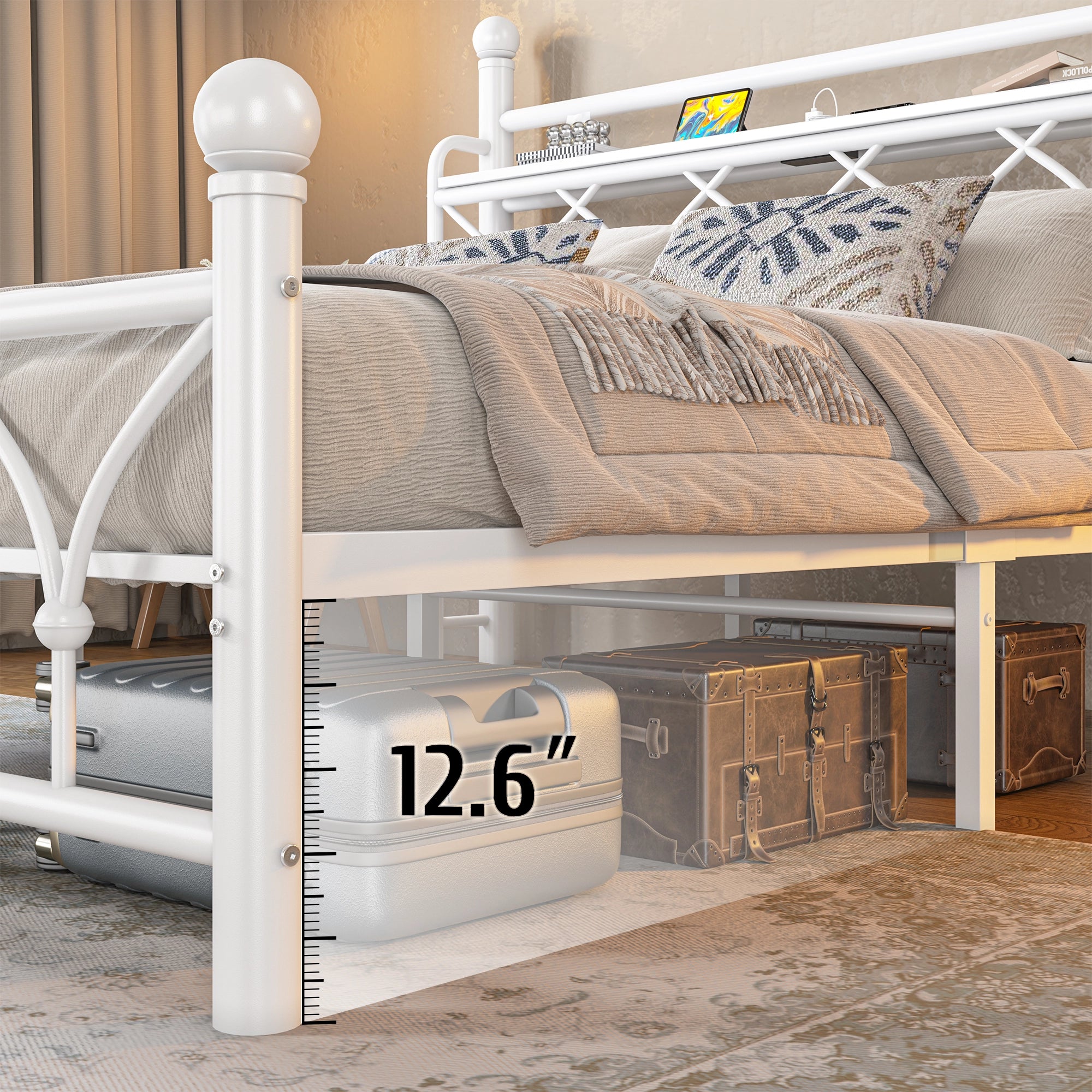 Functional Metal Bed Frame with LED Headboard & Charging Station – Storage Shelf, Noise-Free Design, 882lbs Capacity