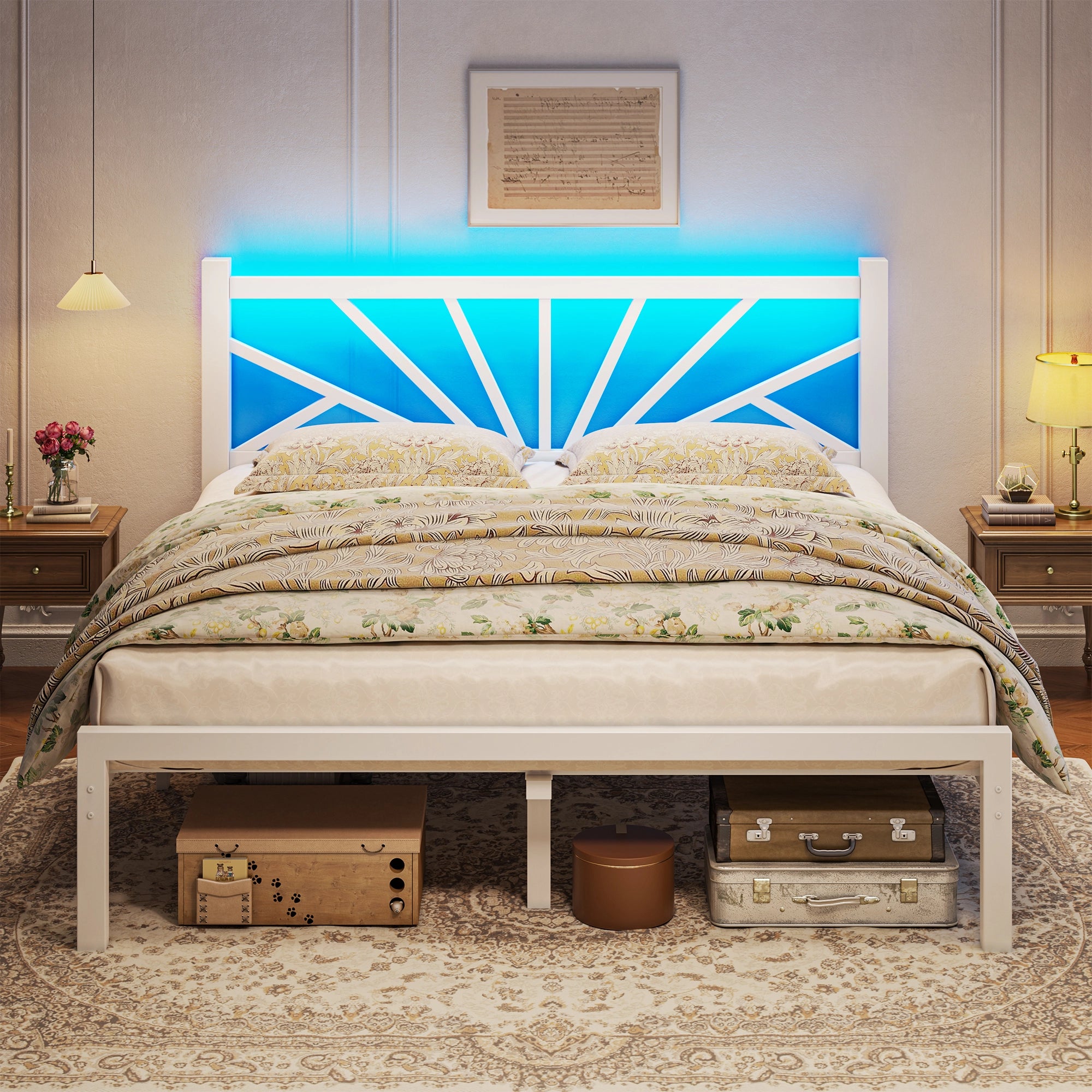 Snhomee Metal Bed Frame with LED Backlight, Storage Space, 1800lbs Weight Capacity & Quiet Structure