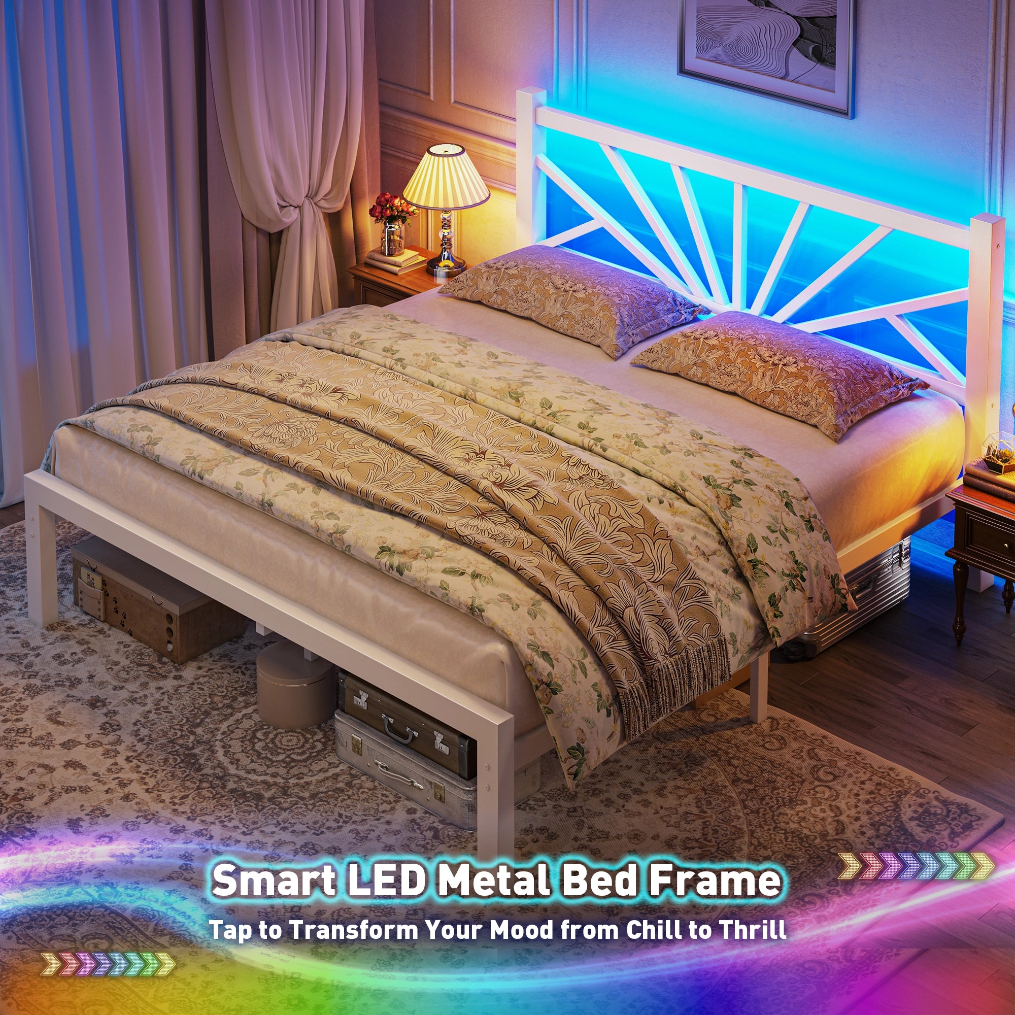 Snhomee Metal Bed Frame with LED Backlight, Storage Space, 1800lbs Weight Capacity & Quiet Structure