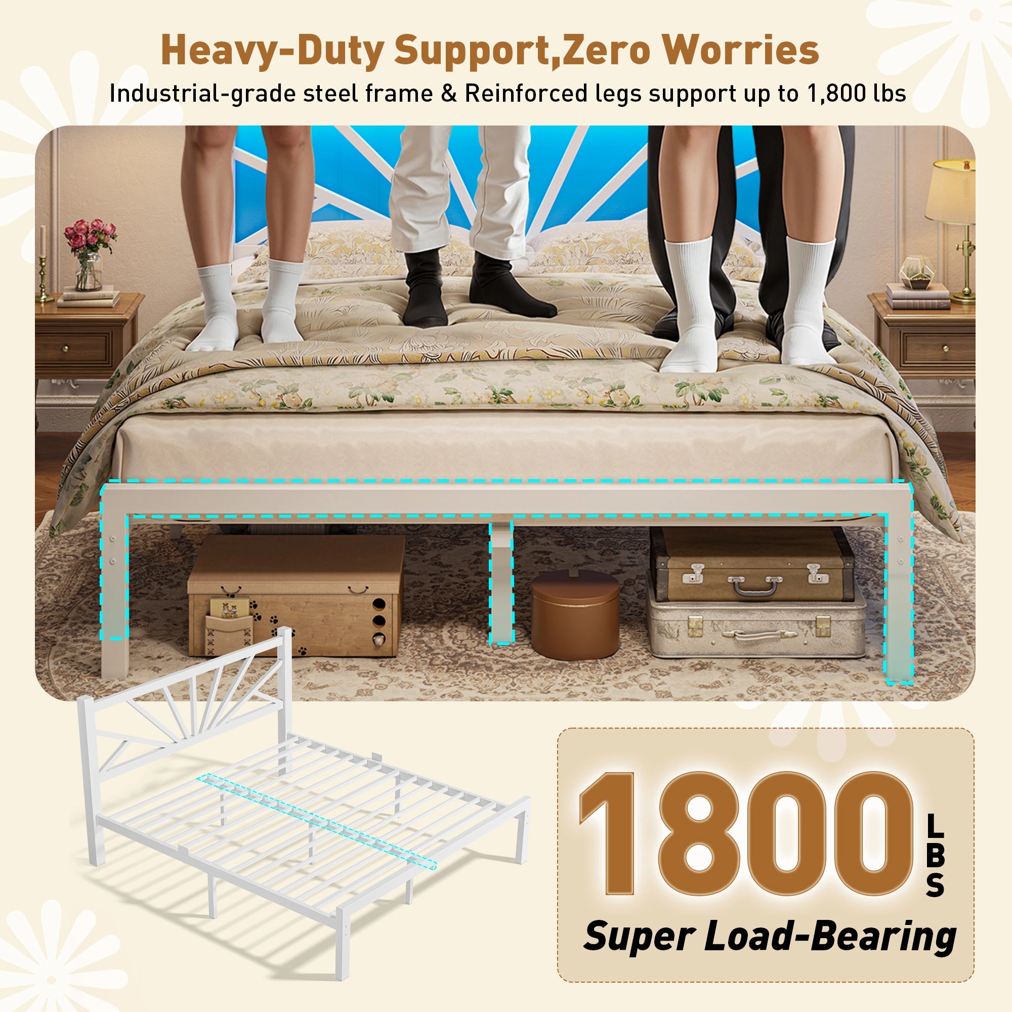 Snhomee Metal Bed Frame with LED Backlight, Storage Space, 1800lbs Weight Capacity & Quiet Structure