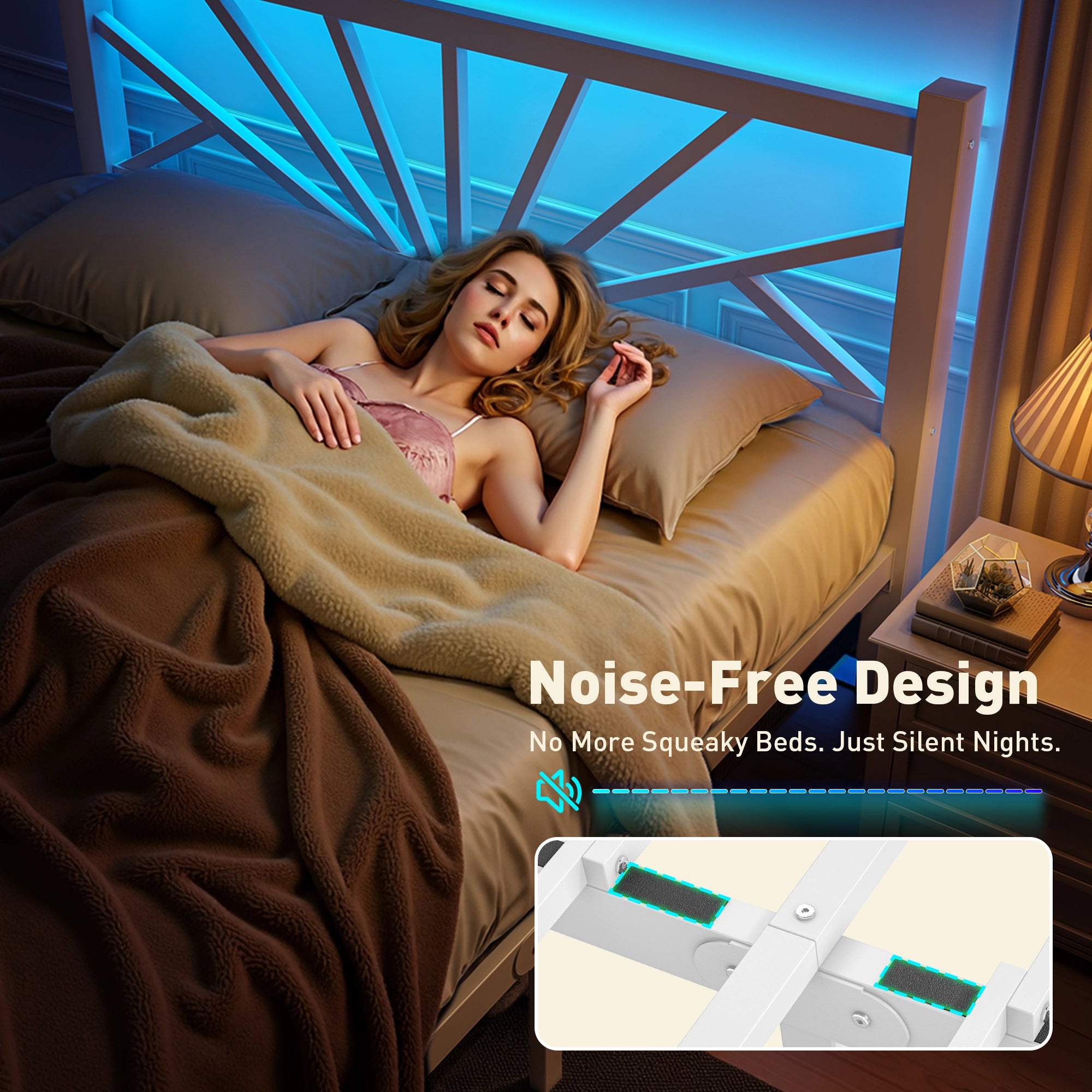 Snhomee Metal Bed Frame with LED Backlight, Storage Space, 1800lbs Weight Capacity & Quiet Structure