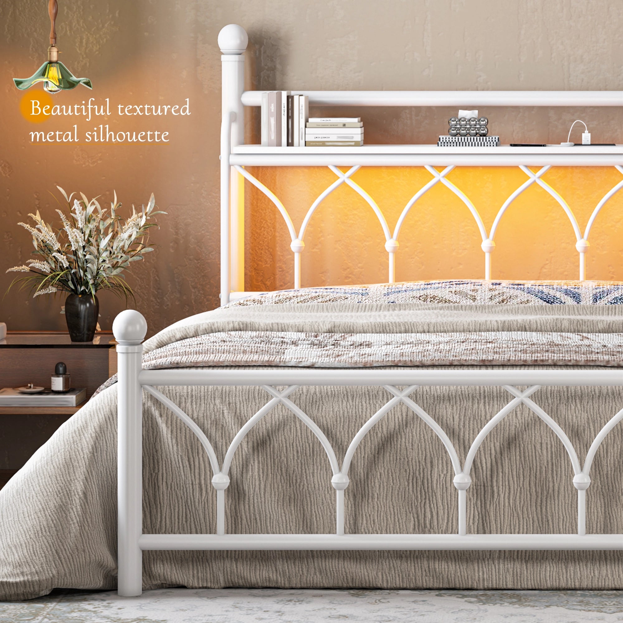 Functional Metal Bed Frame with LED Headboard & Charging Station – Storage Shelf, Noise-Free Design, 882lbs Capacity