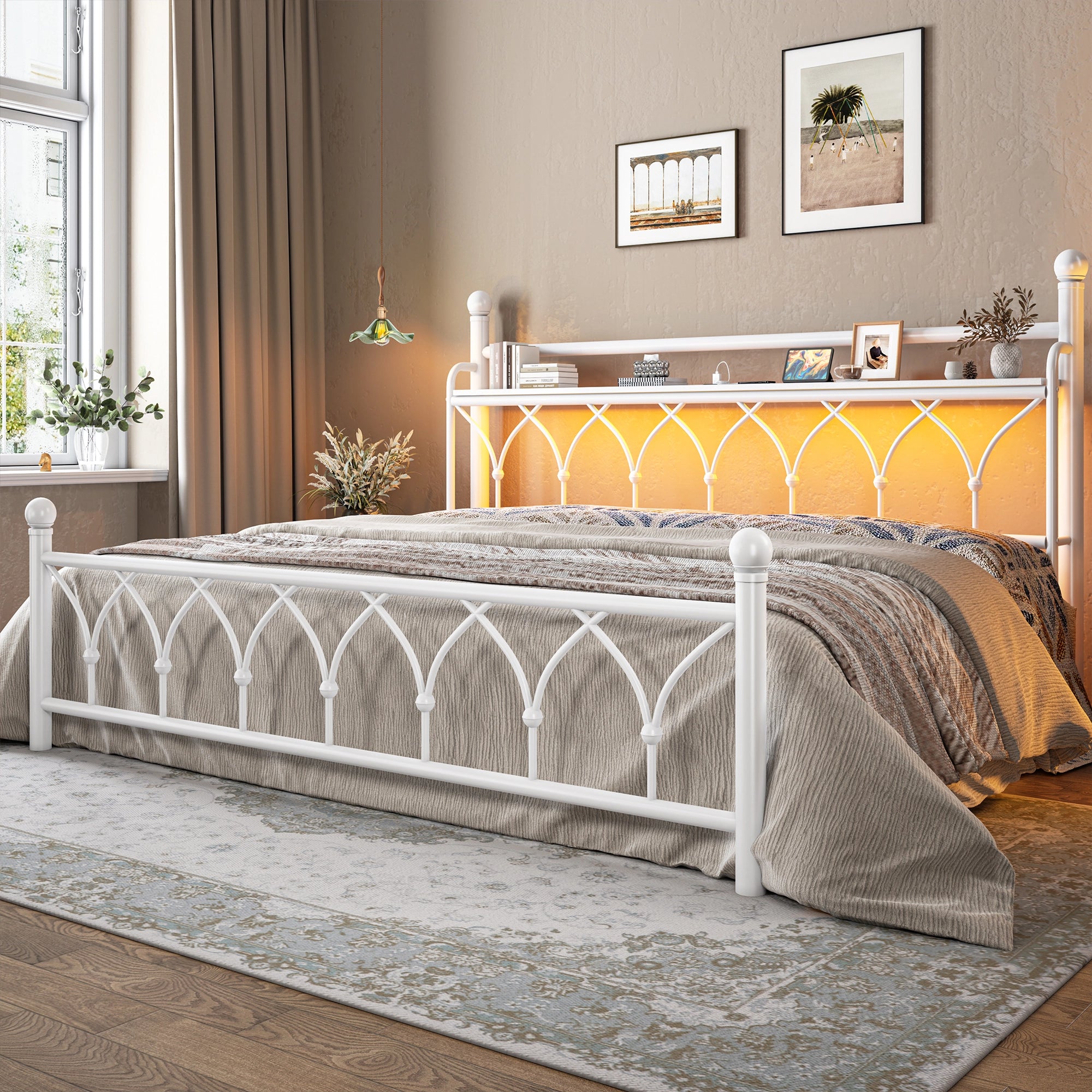 Functional Metal Bed Frame with LED Headboard & Charging Station – Storage Shelf, Noise-Free Design, 882lbs Capacity